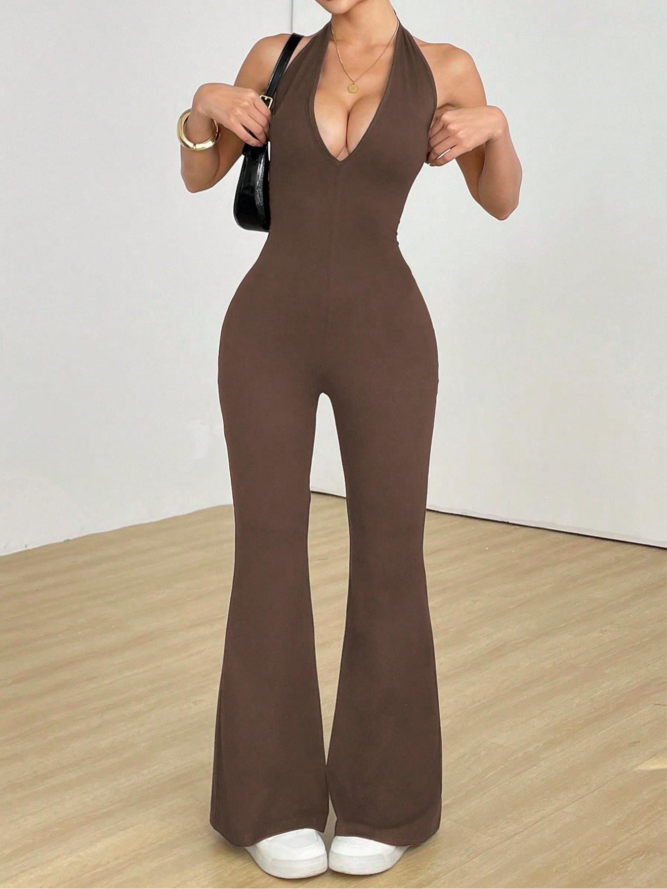 Women's Halter Neck Deep V-Neck Jumpsuit Sleeveless Ribbed Bodycon Flared Pants One Piece Romper Clubwear 2026