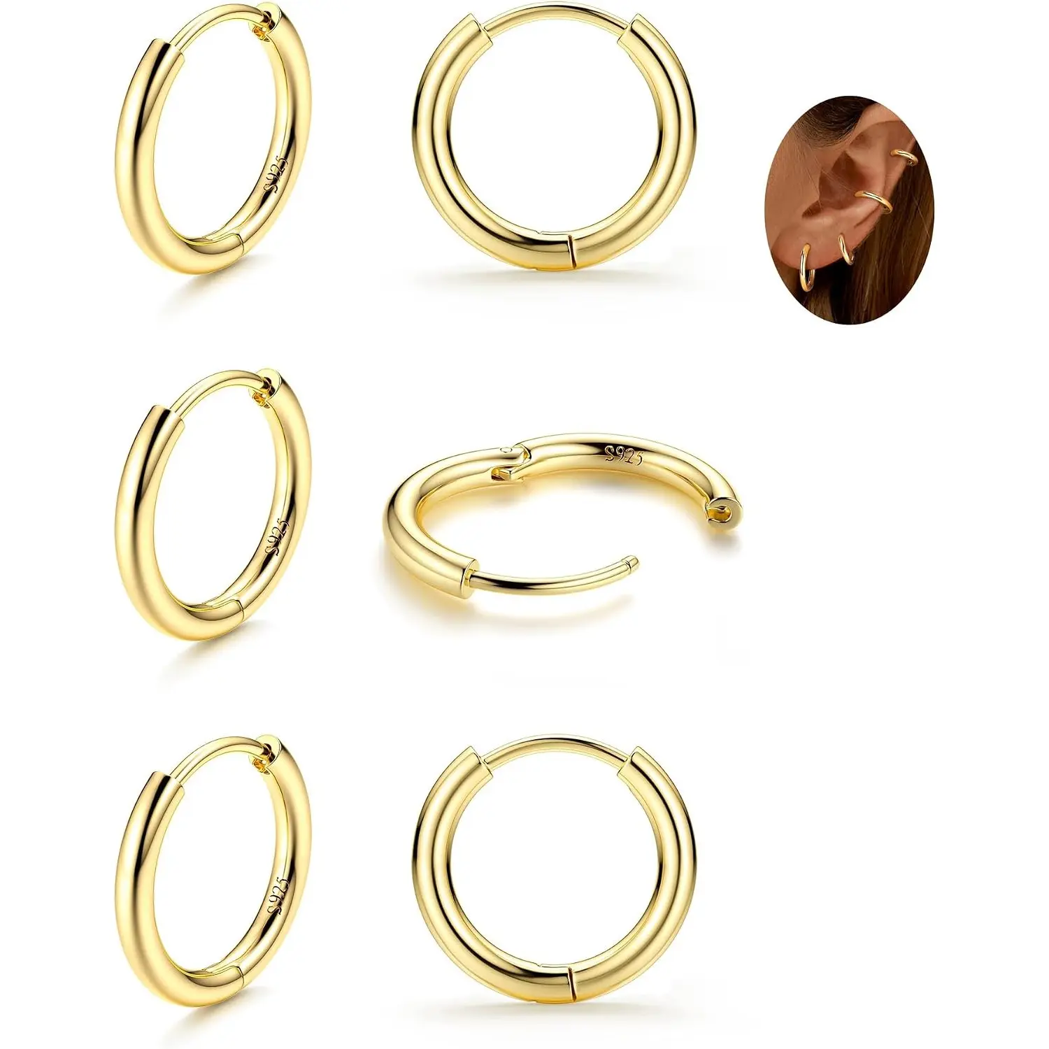 Women's 925 Sterling Silver White Gold Plated Lightweight Hinged Huggie Ear Hoops Set (3 Pairs) - 6mm/8mm/10mm/12mm Small Size Cartilage Earrings, Unisex for Casual Daily Wear