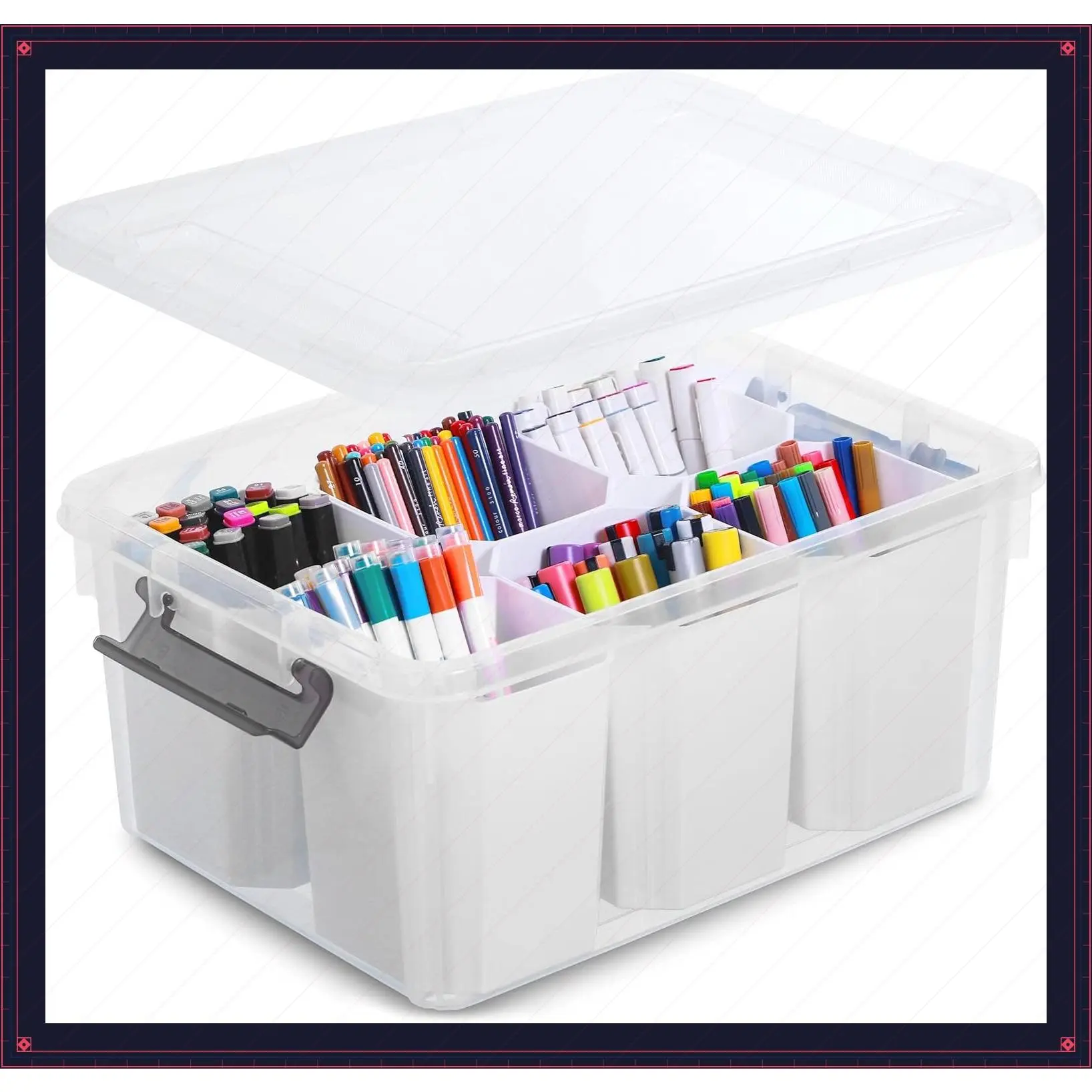 17QT Clear Plastic Craft Organizer with Lid, Marker Storage Bin for Markers, Crayons & Crafts, 6 Detachable Inserts, Stackable, No AssemblyGift