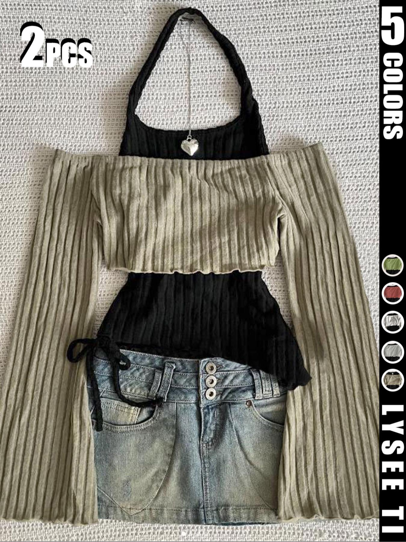 2PCS Fashion casual Fitted women's contrasting neck hanging solid color top two-piece set