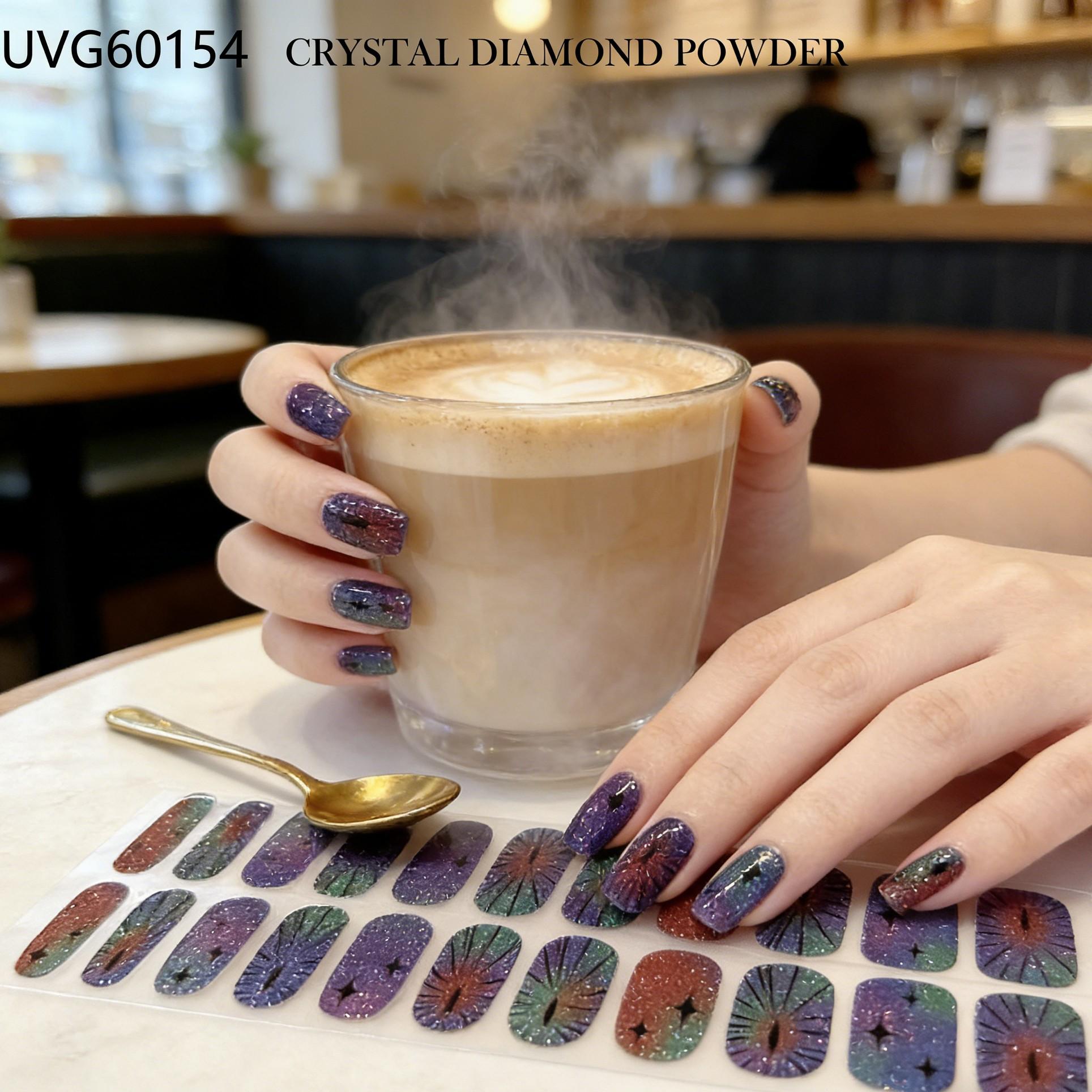 Alien Code Midnight Diamond Dust Nails, Irregular Multi-Color Stains with Abstract Sci-Fi Lines, Half-Cured Gel Nail Strips for DIY Home Use