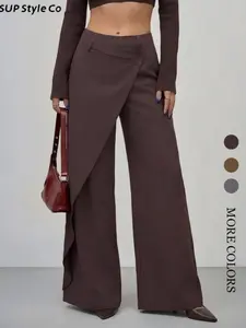 Women's Irregular Asymmetrical High-Waisted Wide-Leg Pants, All-Season Casual Style, Perfect for Commute and Unique Fashion, Trendy and Slimming