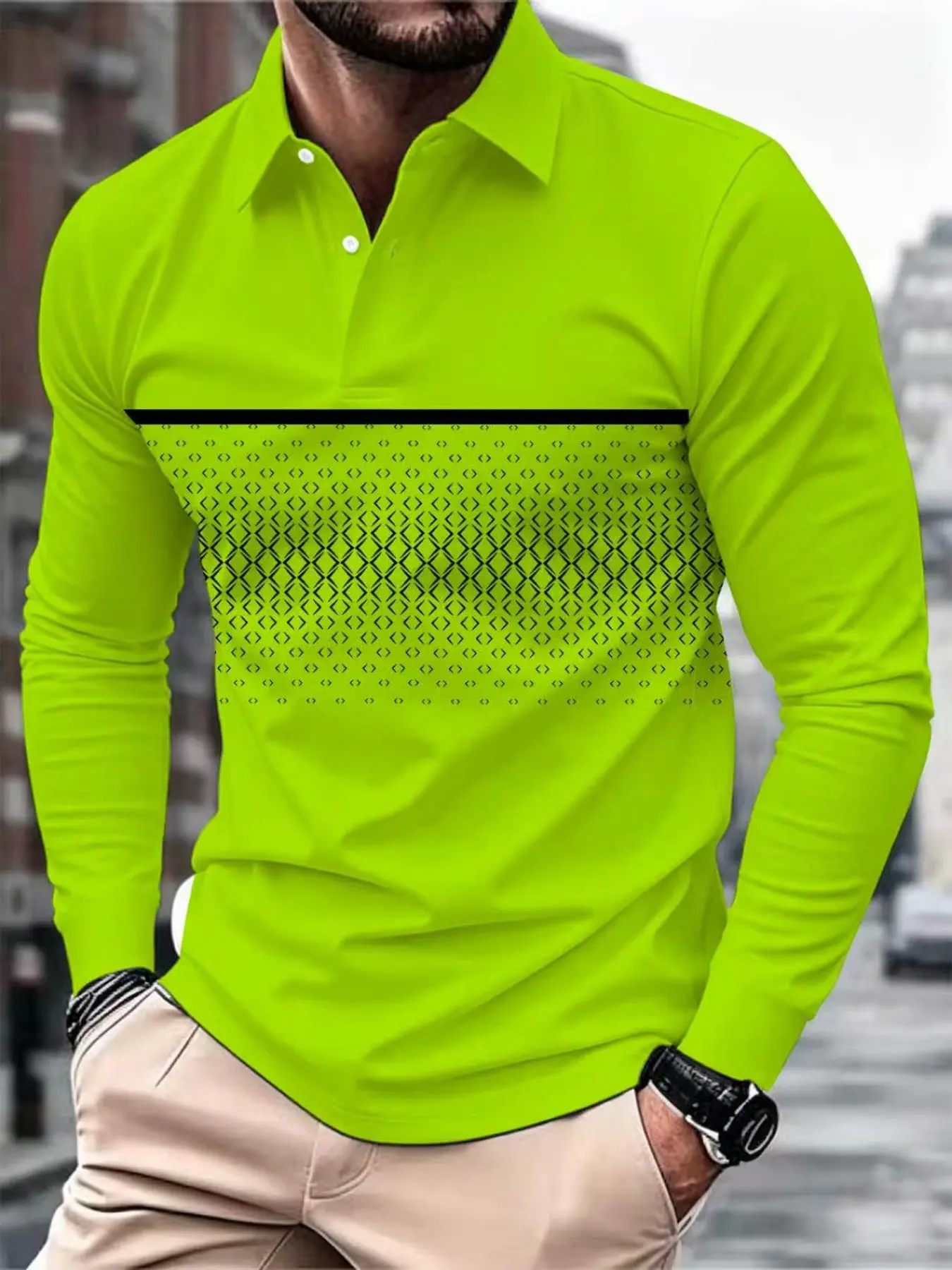 Fluorescent green gradient herringbone long-sleeved Polo shirt, with soft and comfortable fabric, clean and simple color scheme, bold print design, and durable material