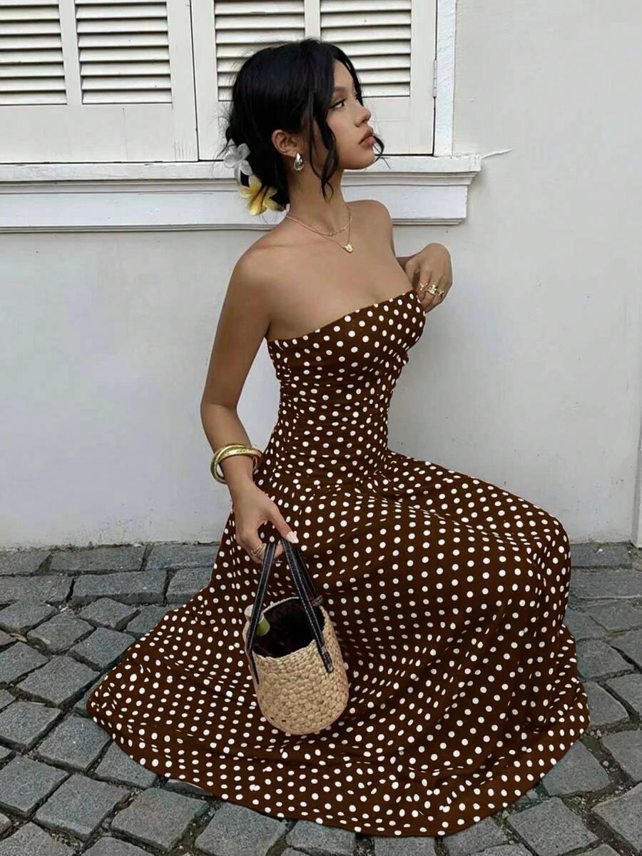 Women's Polka Dot Waist-Cropped Crop Top Dress, Vacation Style, Long Sun Dress, Casual Summer Midi Dress, Elegant Design