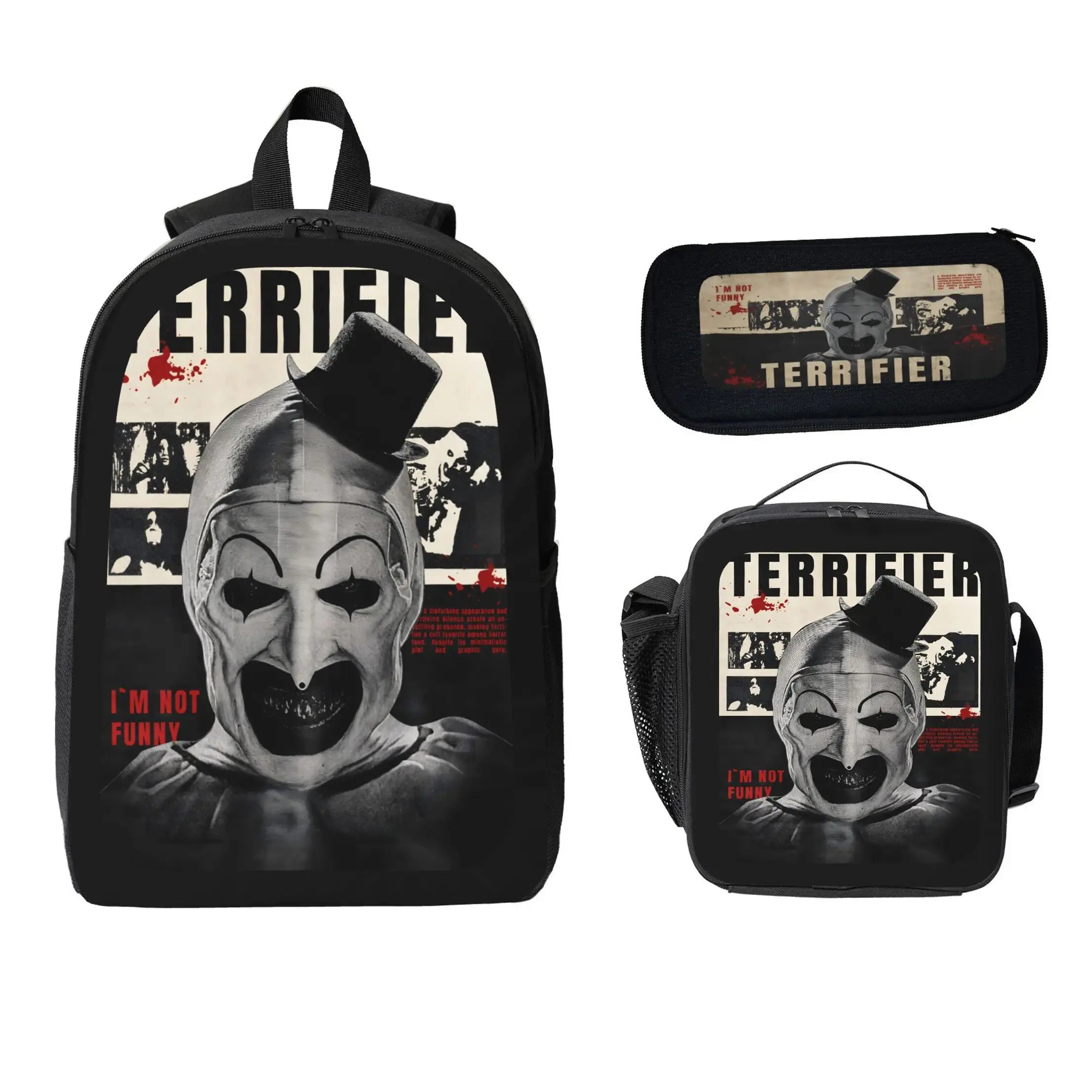 Unisex Terrifier 3-Piece Polyester Backpack Set, Horror Clown Print, Large Capacity School Bag with Lunch Bag & Pencil Case for Teens, Back to School Travel Use, Gothic, Organizer, Casual, Back To School Haul