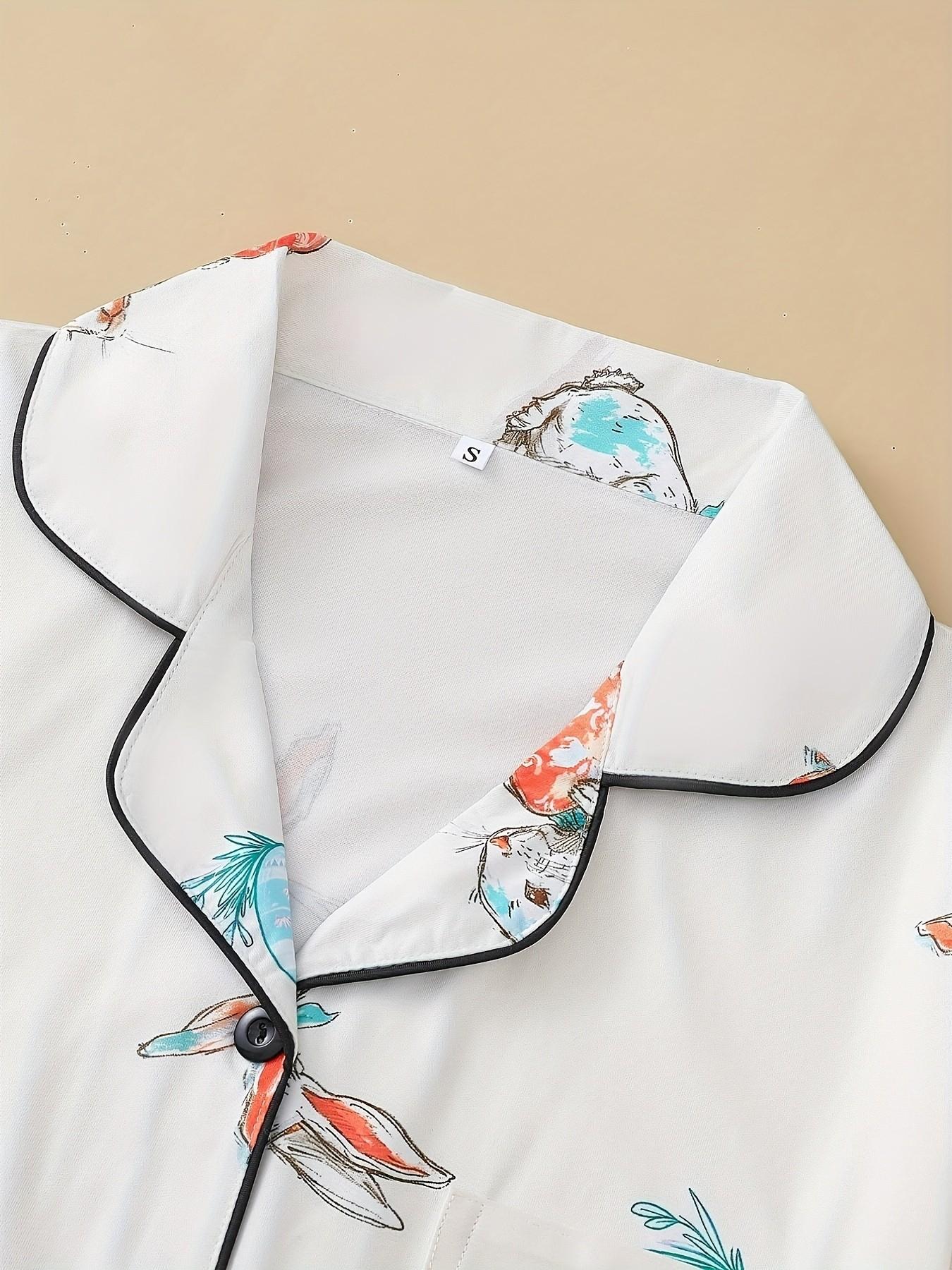 Easter 2 Piece Women's Pajama Set with Rabbit and Egg Print, Short Sleeve Button-Up Top and Loose Stretch Shorts, Casual Comfortable Sleepwear for Holidays and Everyday Wear