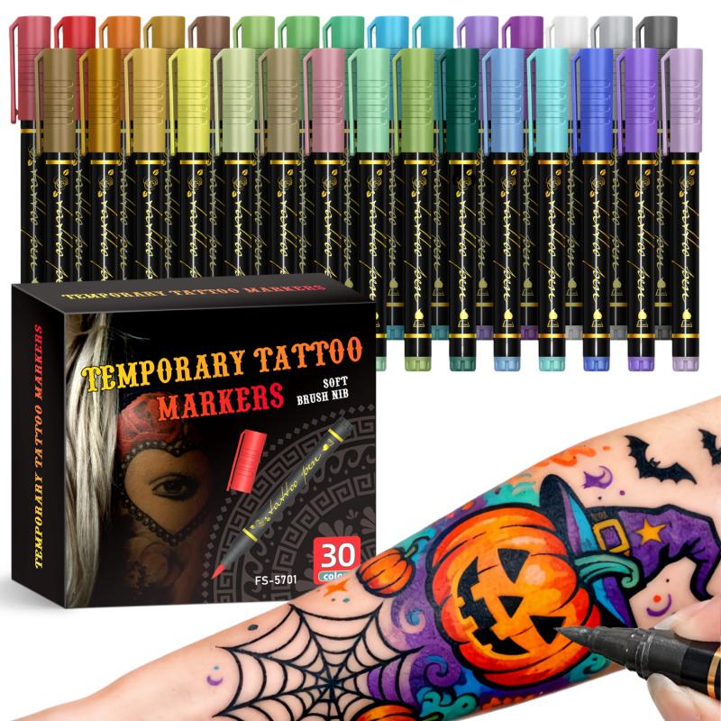 Temporary Tattoo Markers for Skin, 10/15/30-Count Body Markers 10/15/30 Colors Tattoo Pens, Tattoo Stencils,Flexible Brush Tip, Bright colors, Face Paint Kit Cosmetic Quality, High Pigment Halloween makeup