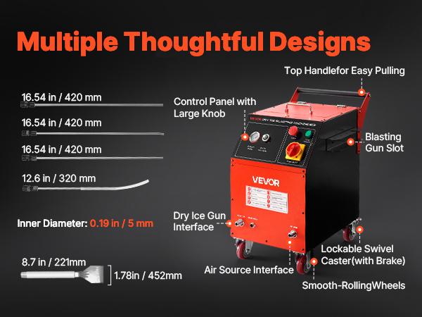 VEVOR Dry Ice Blasting Machine, 11LBS (5KG) Capacity Dry Ice Cleaning Machine with 4 Nozzles, Adjustable Pressure Dry Ice Amount, Movable Blaster Cleaner for Automotive Ship Aviation Chemical, 120V