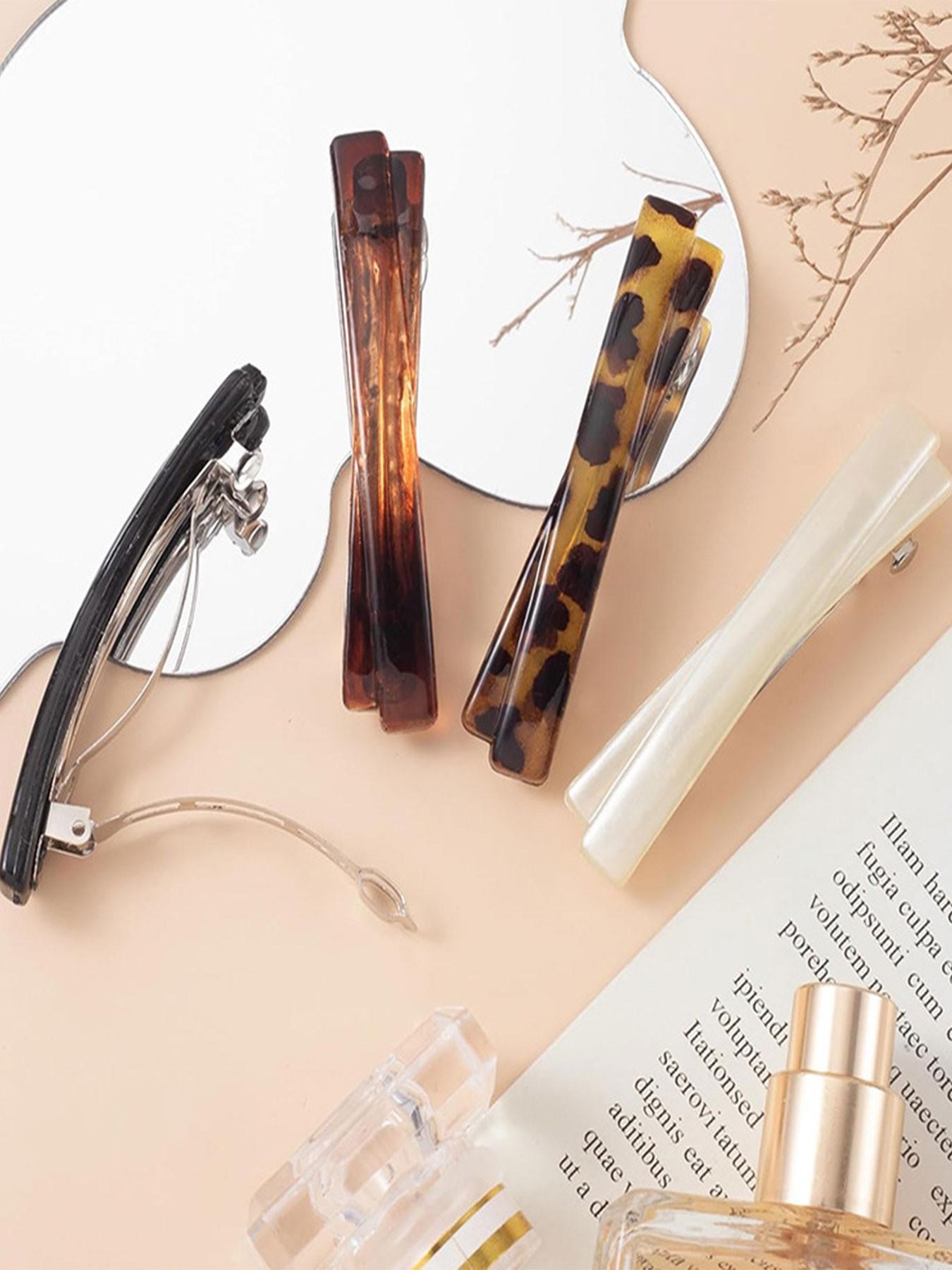 4pcs New Tortoiseshell Leopard Print Hair Clips, French Fashion Vintage Style Bangs Clip, Half-Up Hairstyle Accessories for Women