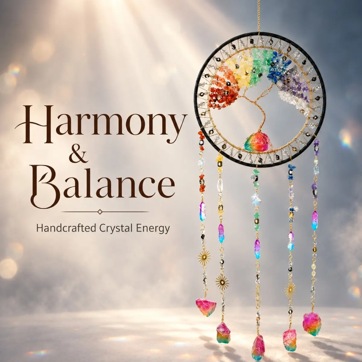Rainbow Tree of Life Crystal DreamCatcher 7 Chakra Gemstone Wall Hanging Decor Aesthetic Boho Room Garden Ornament for Bedroom Living Home Beaded Suncatcher Macrame Optical Illusion Night Light Nursery Sign Accessory # doggallery duck fantasy glass goods