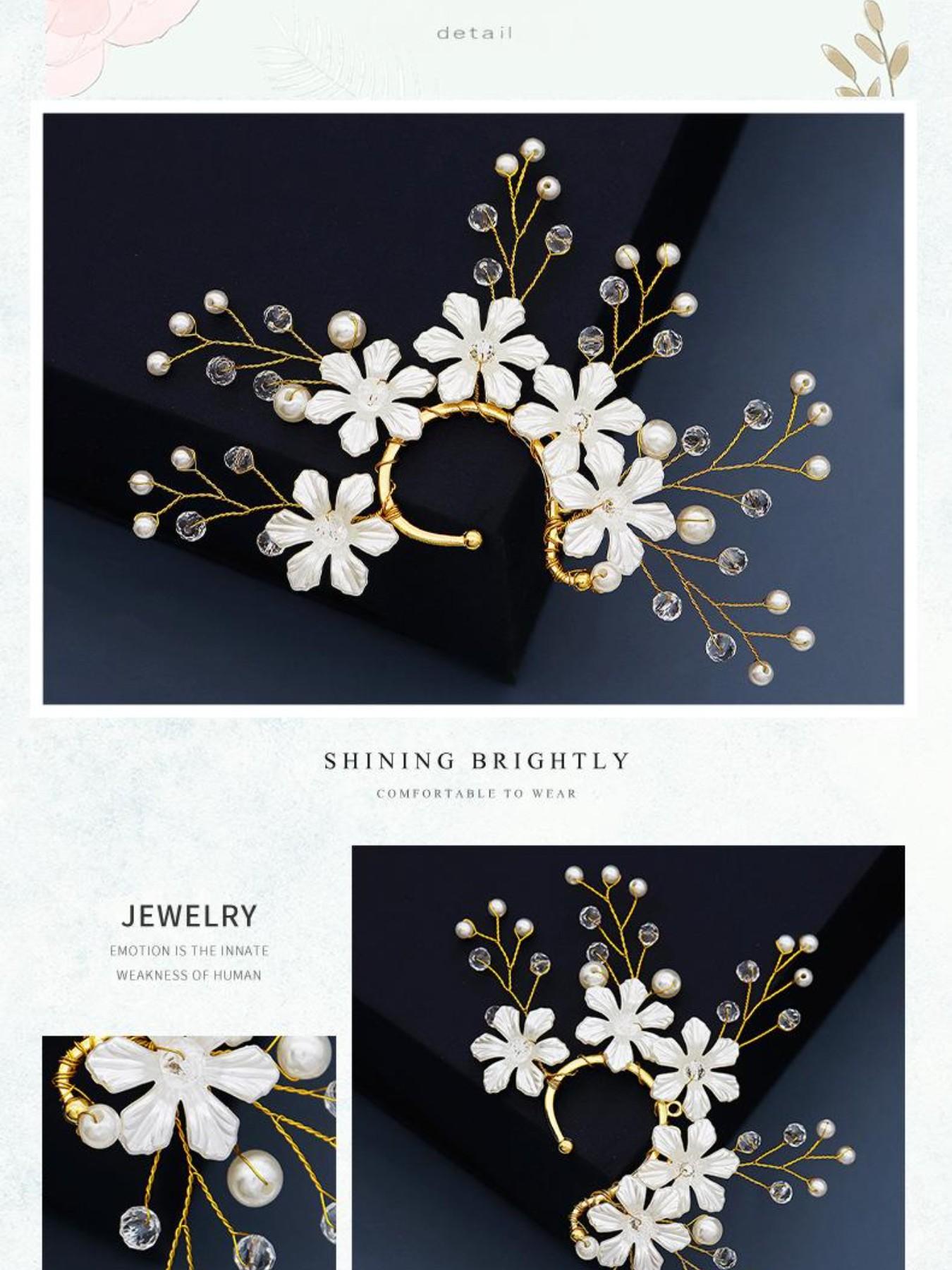 Elegant Flower Pearl Crystal Ear Clips, Handmade No-Piercing Earrings, Bridal Wedding Hair Accessories, Party Gifts