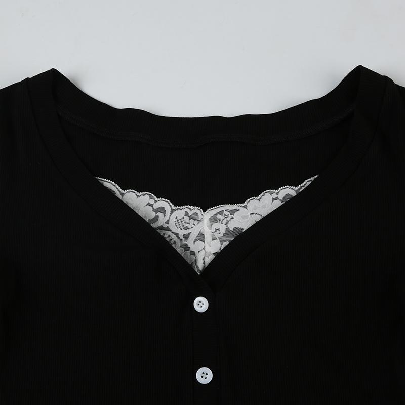 Women's Colorblock Contrast Lace T-shirt, Casual Button Front Long Sleeve Top, Women's Basic Clothing for Daily Wear Casual Everyday Top Womenswear