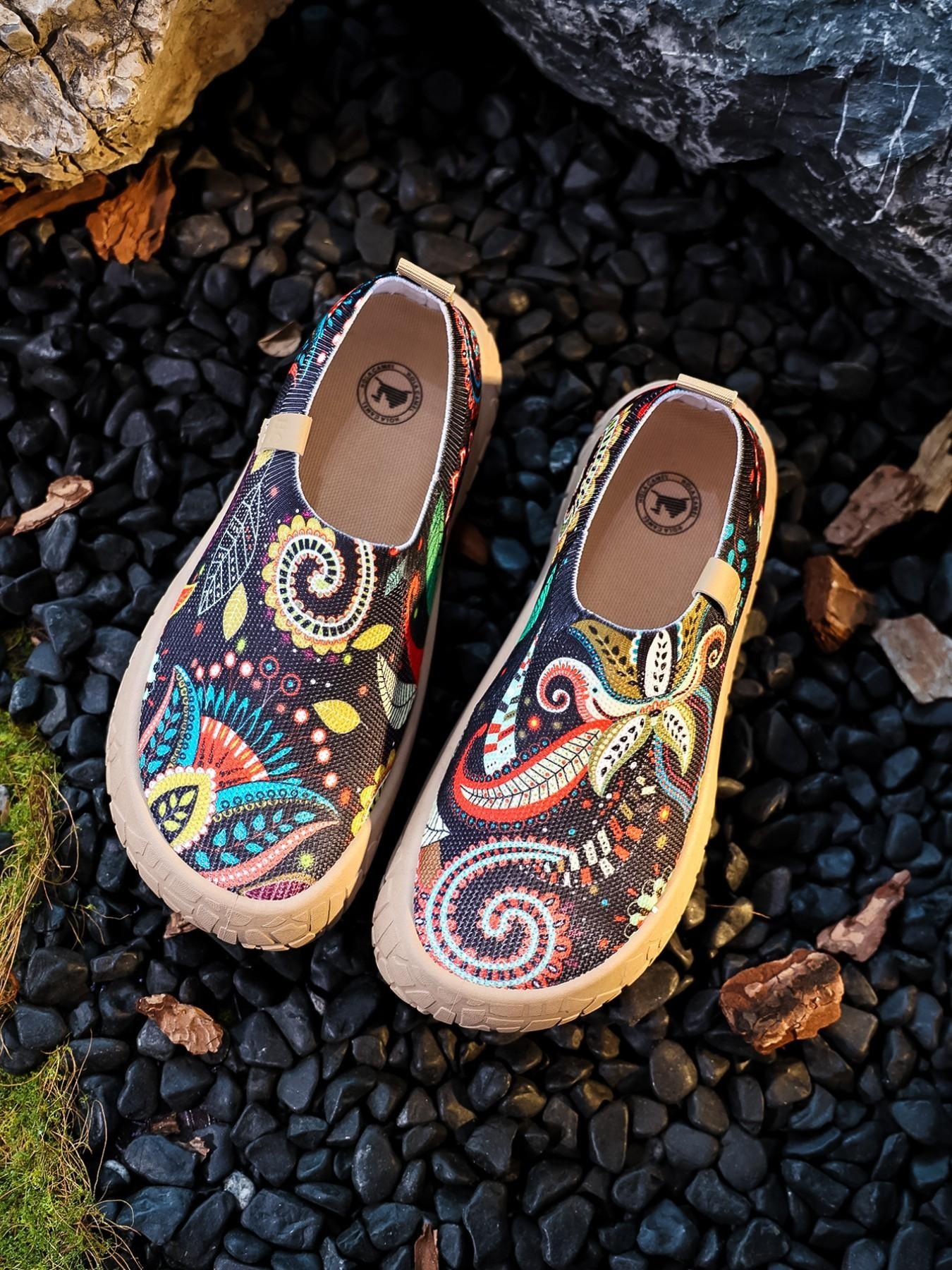 Women's Colorful Graffiti Slip-On Sneakers, Breathable Knit Mesh Comfortable Walking Shoes, Lightweight Non-Slip Soft Sole Casual Loafers for Outdoor, Work, Travel and All-Day Wear