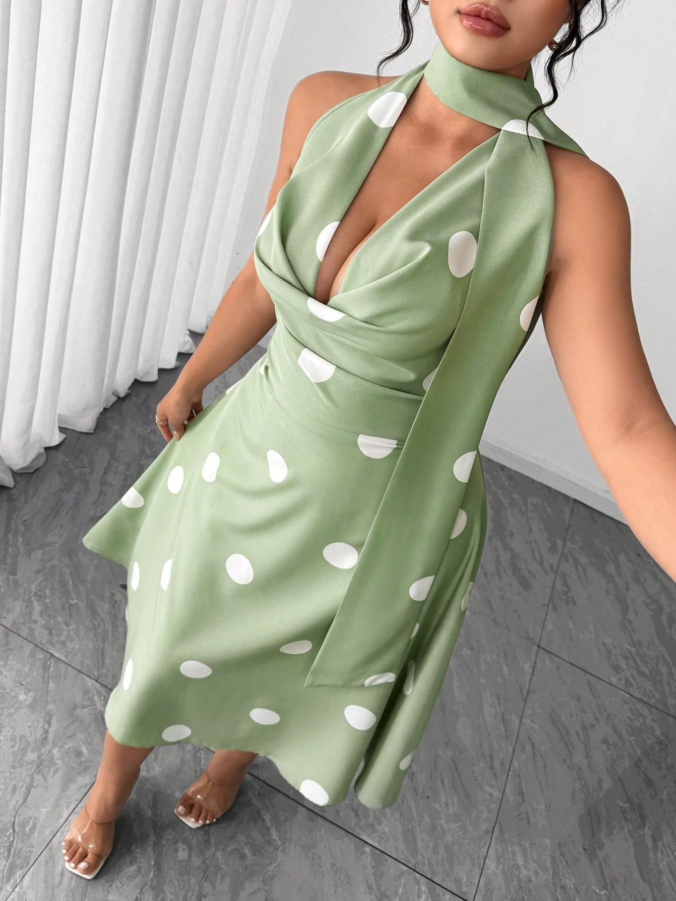 Plus Size Retro Polka Dot Halter Dress, Hepburn Style Waist Cinch Slimming Midi A-Line Dress, Vintage Fashion Women's Clothing, Casual Wear