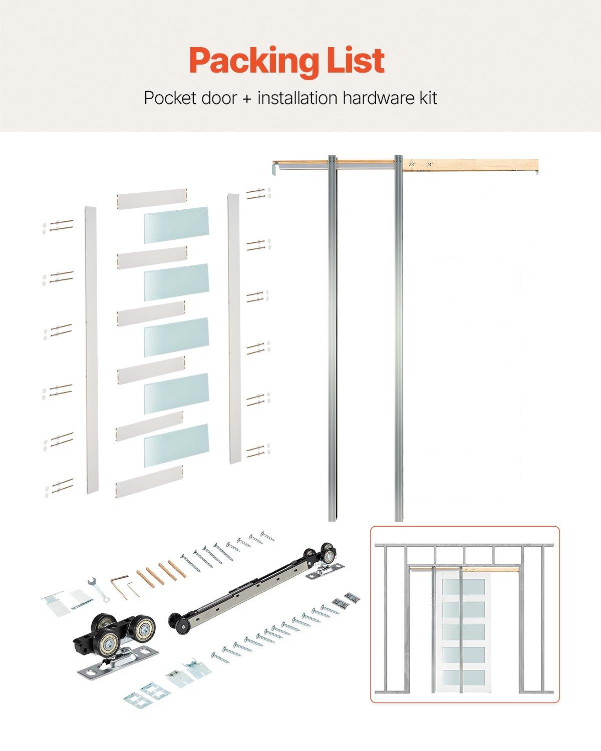 VEVOR Sliding Pocket Door, 36" x 80", 5-Lite Frosted Glass Single Sliding Door with Hardware Kit, Sturdy Solid Wood MDF Pocket Doors Slab with Waterproof Surface for Bedroom Kitchen Study Room