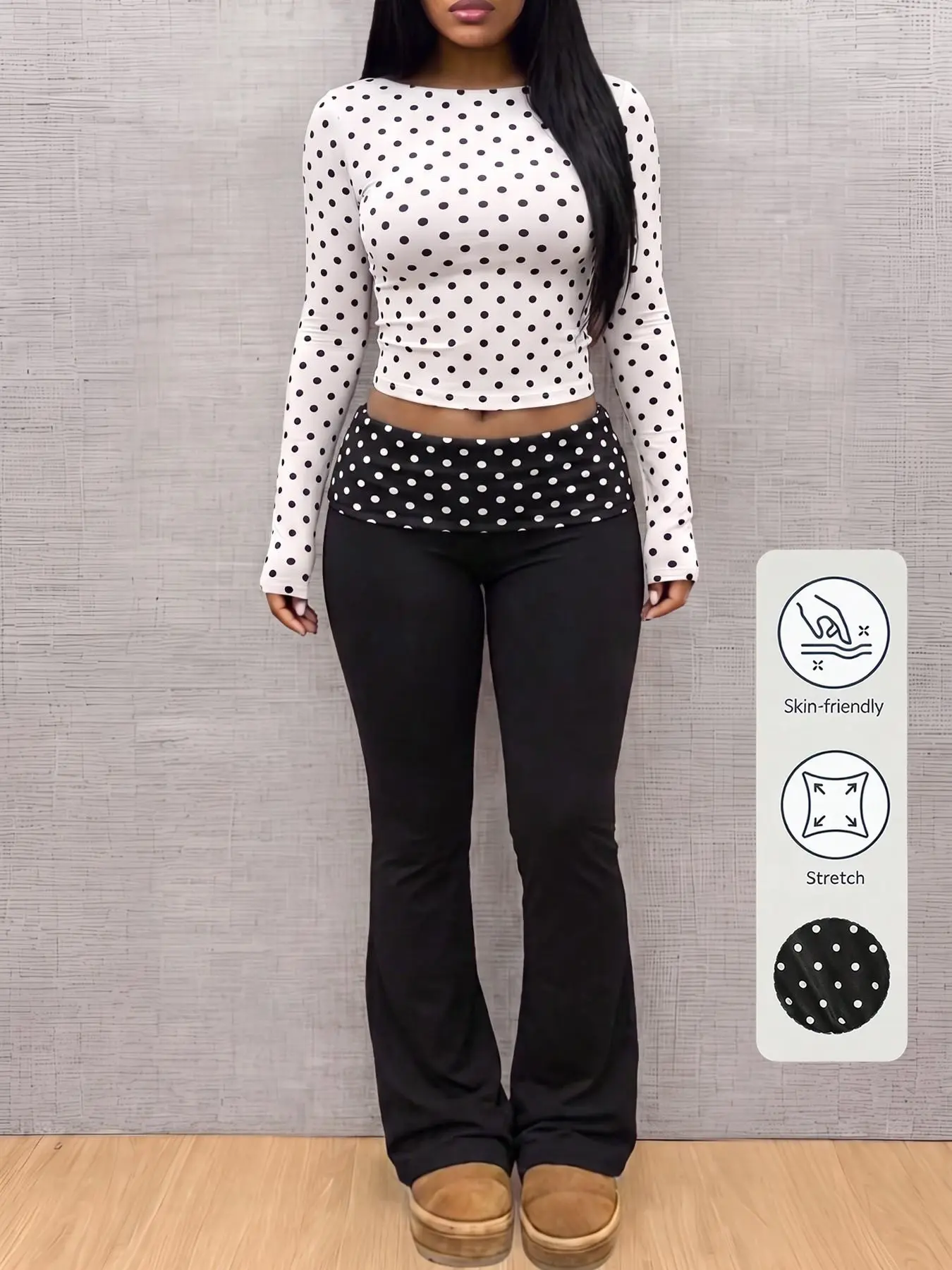 Soft Stretch Spandex Casual/Streetwear, Boss Babe Outfit, Polka Dot Print Slim Fit Long Sleeve Crew Neck Crop Top Fold Over Waist Bell Bottom Leggings Two Piece Matching Outfit Women Bodycon Set Daily Lounge Going Out Clubwear Outfit