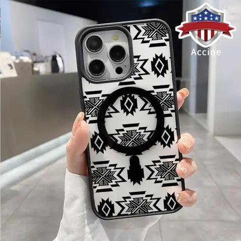 Hybrid Magnetic Durable iPhone Case Cover - Shockproof Protection for iPhone 18,17,16 Pro Max,15,14,13,12,11,Air,Plus,XR,XS Devices, Wireless Charging Support, Western Noir Pattern, Non-Yellowing Silicone, Transparent Acrylic