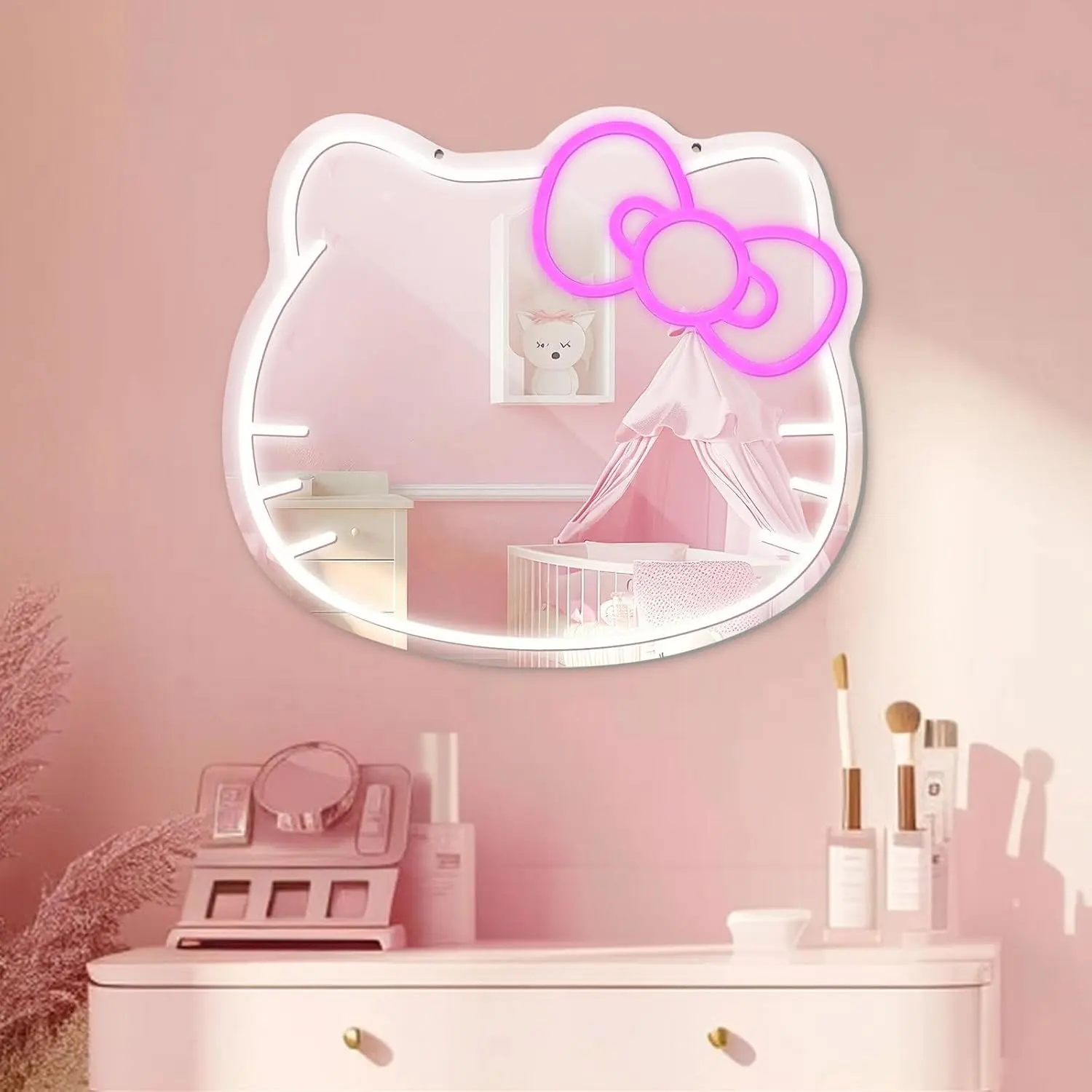 Neon LED Wall Mirror for Makeup Vanity, Bedroom Decor, Teen Girl Gift for Birthday Valentine's Day Christmas Halloween Thanksgiving