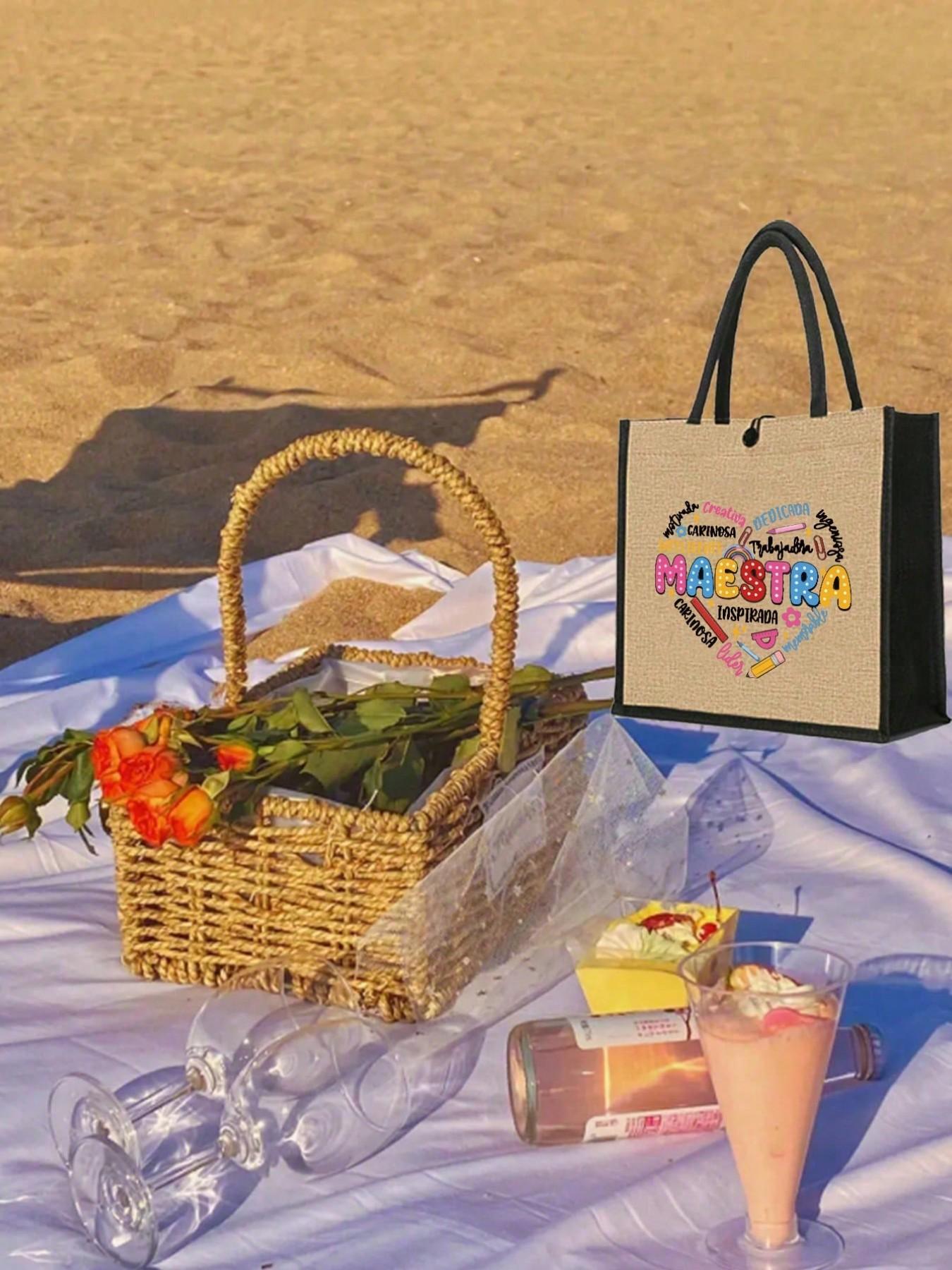 Maestra Theme Tote Bag and Makeup Pouch Set, Large Capacity Linen Shopping Bag, Heart Pattern, Cosmetic Organizer, Casual All-Season Style