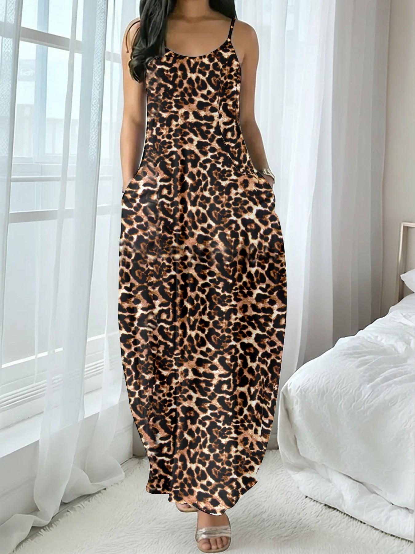Women's Long Leopard Print Coffee Dress, Round Neck Sleeveless Pocket Sleepwear, Comfortable Casual Home Fabric All Seasons