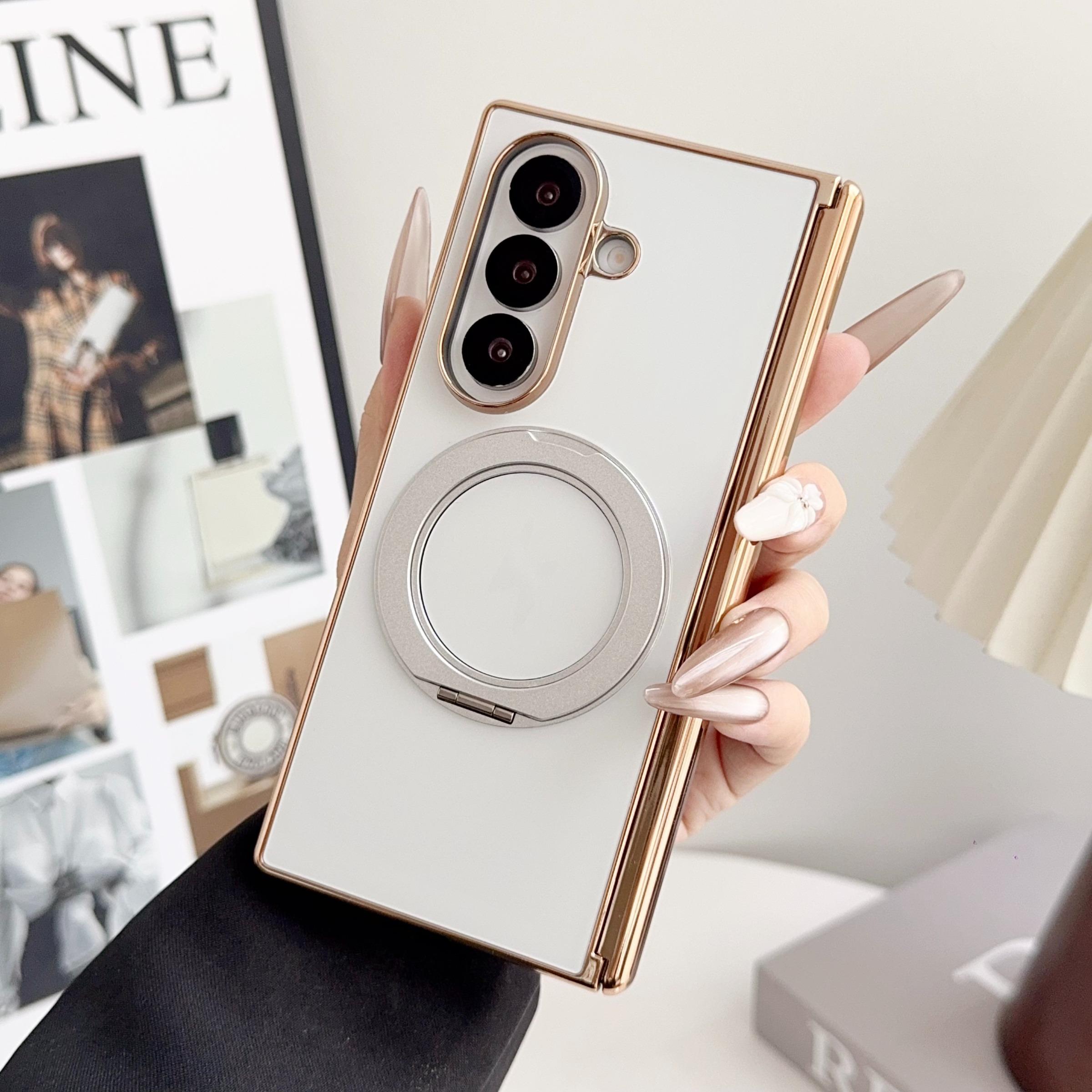 High-End Ag Frosted Electroplated Dual Axis Phone Case for Samsung Galaxy Z Fold7/6/5/4, 360° Rotating Stand, Wireless Charging Support