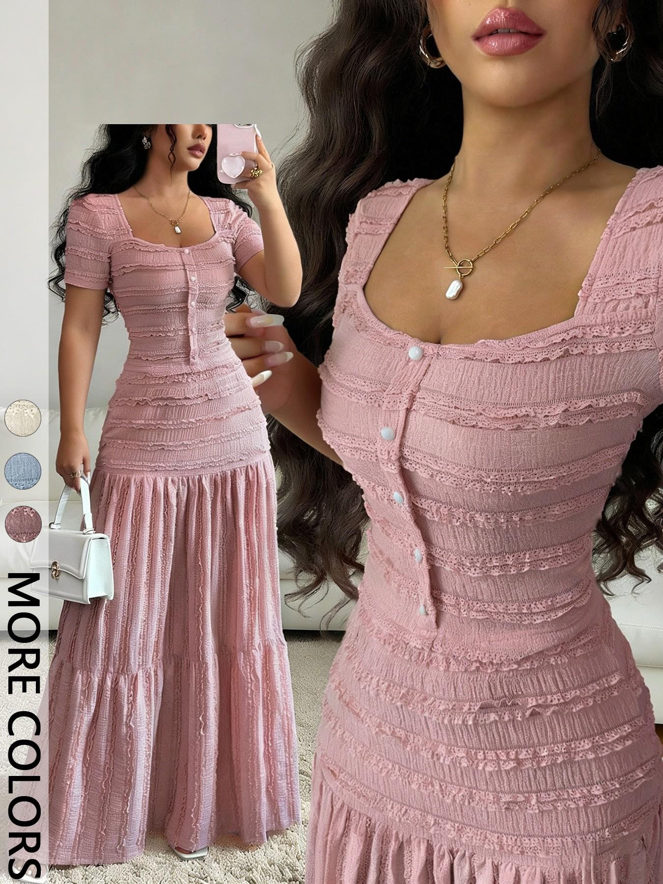 Women's Casual Elegant Party Sweet Cute Short Sleeve Square Neck T-Shirt and Half Skirt Set, Spring & Fall Fashion