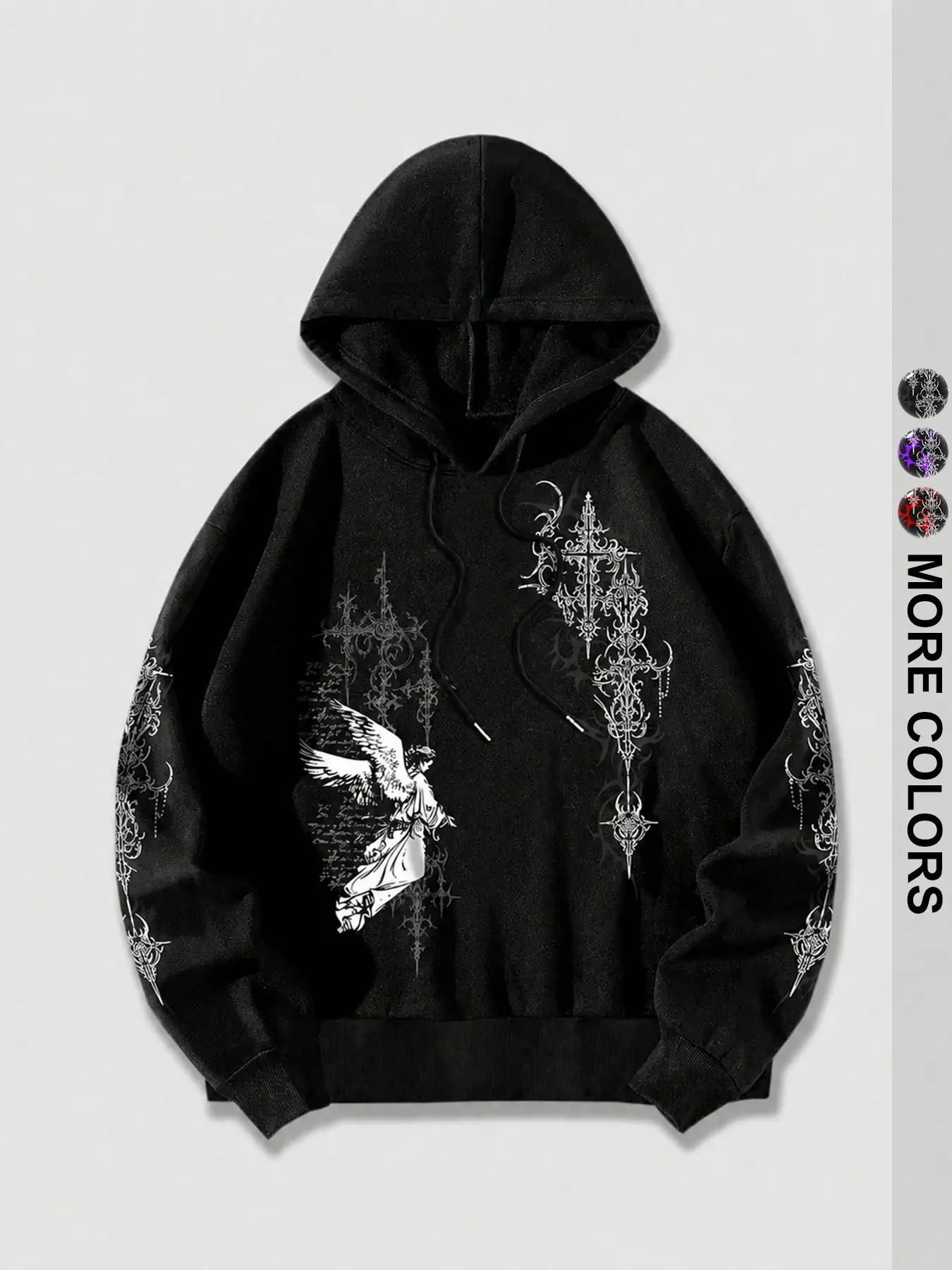 Men's Gothic Style Spring Casual Graphic Angel Print Hooded Sweatshirt, Long Sleeve Loose Fit, All Seasons Wear, Fall & Winter
