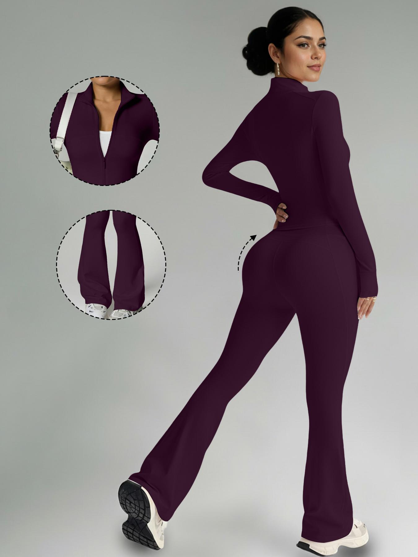 Women's Fashion Two-Piece Set, Slim Fit Long Sleeve Thumb Hole Cuffs, Zipper Front Jacket Style, High Waist Flared Pants, Fall & Winter Casual Wear