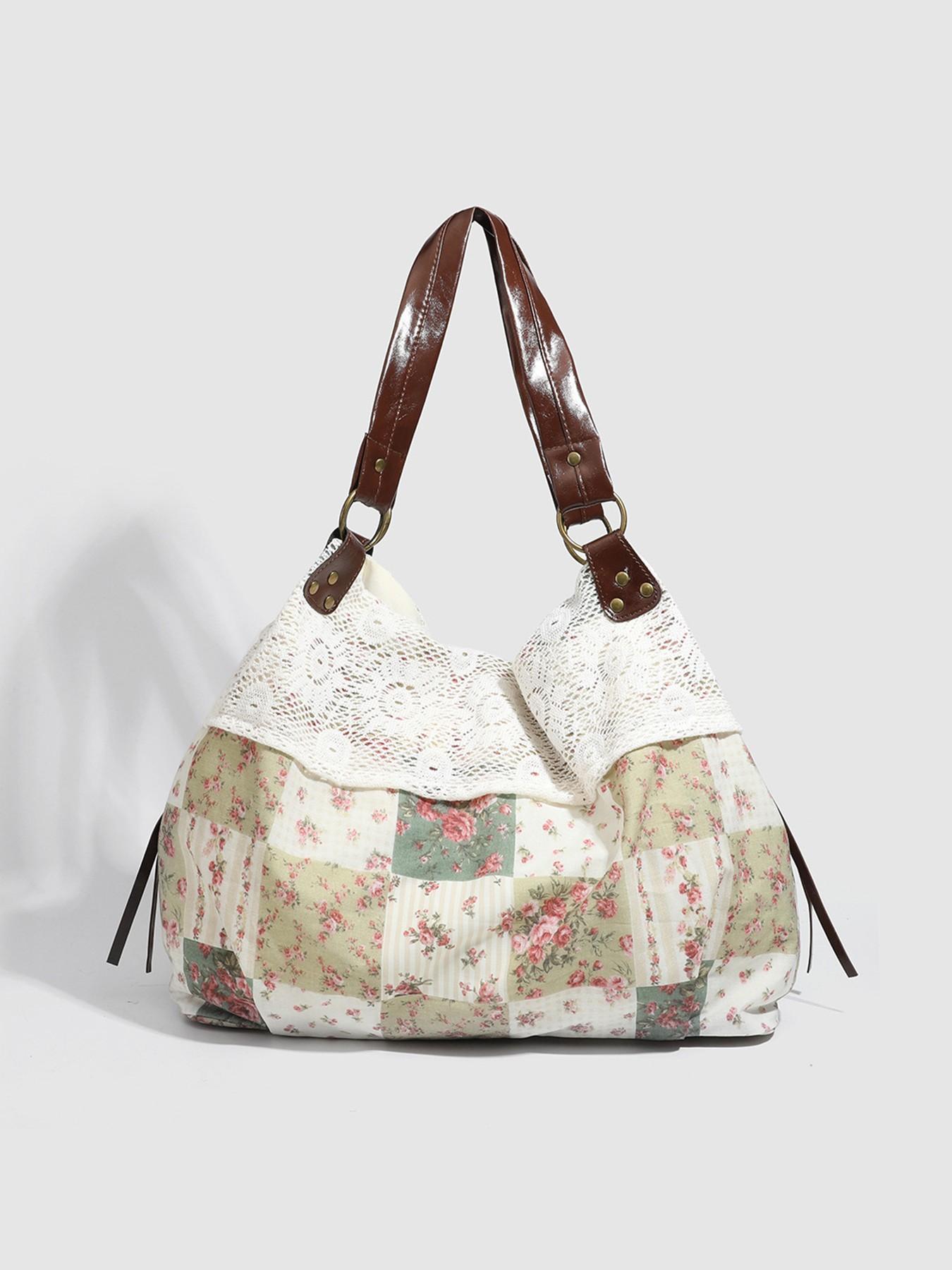 Small niche design retro fashion texture underarm bag, floral plaid patchwork fabric, lace lace design, large capacity elegant atmosphere single shoulder bag, suitable for beach vacation, shopping, and gatherings