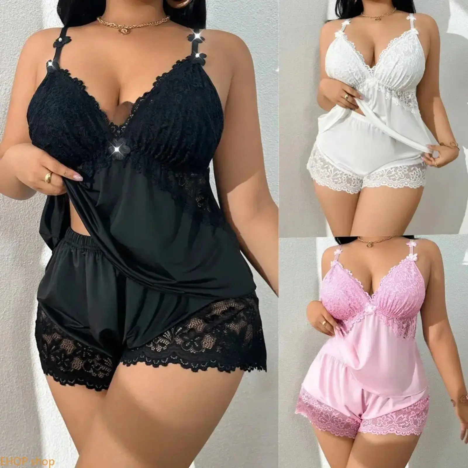 Women's Lace Pajama Set, Two Piece Soft Stretch Camisole & Shorts Sleepwear, Lightweight Comfortable Lounge Wear Nightwear, Plus Size Available, Honeymoon & Valentine's Loungewear