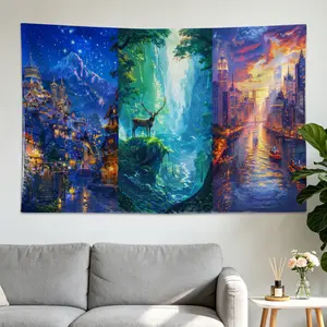 Fantasy Landscape Mountain Deer Cityscape Wall tapestry,Large size Printed Horizontal Tapestry blanket,Polyester Fabric Wall Hanging for bedroom,living room,No Installation Required,Indoor,Outdoor,Gift for Family and Friends