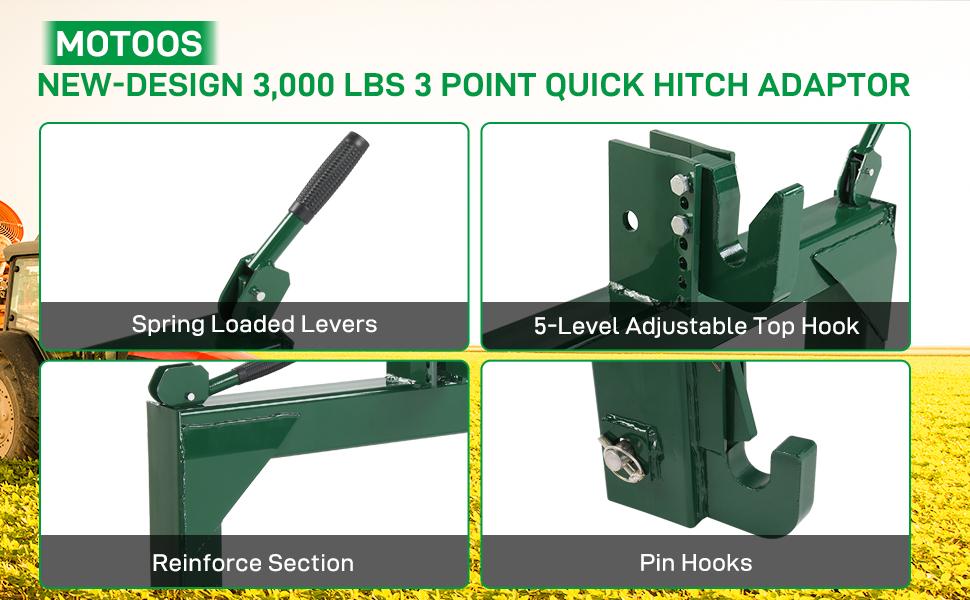 3 Point Quick Hitch Receiver 3000 lbs 3-Pt Attachments Adaptation to Category 1 & 2 Tractor with 5 Level Adjustable Bolt (Green)