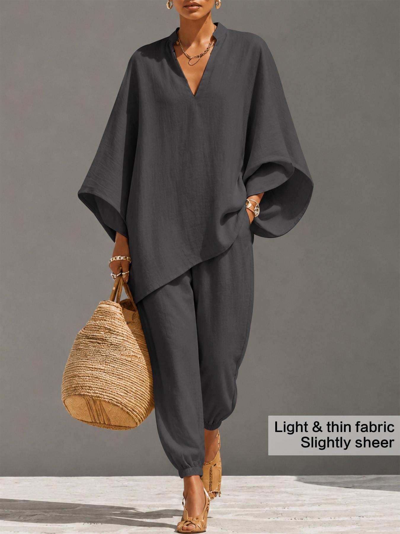 Women's Oversized Light Linen-Look 2-Piece Set, Batwing Long Sleeve Blouse Top & Drawstring Pants, Comfy Casual Style for Travel & Vacation