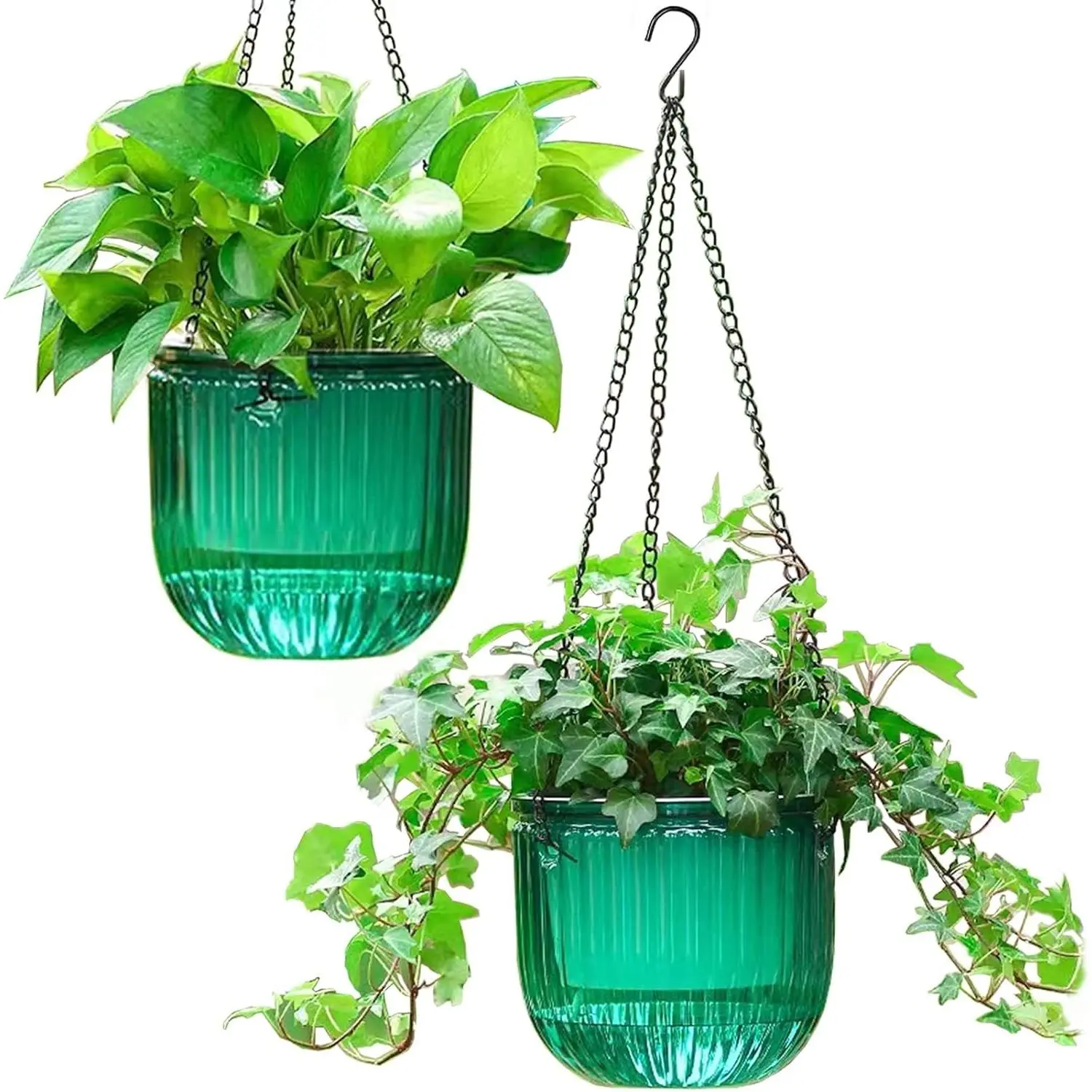 2 Pack Self Watering Hanging Planters Indoor Flower Pots, 6.5 Inch Outdoor Hanging Basket, Plant Hanger with 3Hooks Drainage Holes for Garden Home (Emerald)