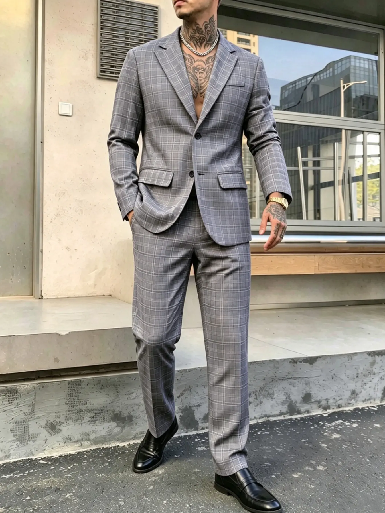 European Vintage Gentleman Plaid Suit Set, Slim-Fit Blazer and Long Pants, Drop Waist Design, Ideal for Weddings and Formal Events