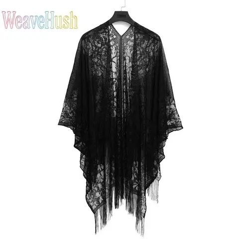 Tulle Fringed Hollow-Out Lace Scarf Shawl - Sheer Silk-Feel Long Sun-Protection Outer Cape, Women's Lady One Size Wrap Accessory, Bride Wedding Formal Twilly Bag Charm