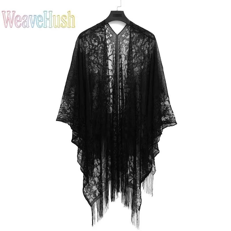 Tulle Fringed Hollow-Out Lace Scarf Shawl - Sheer Silk-Feel Long Sun-Protection Outer Cape, Women's Lady One Size Wrap Accessory, Bride Wedding Formal Twilly Bag Charm