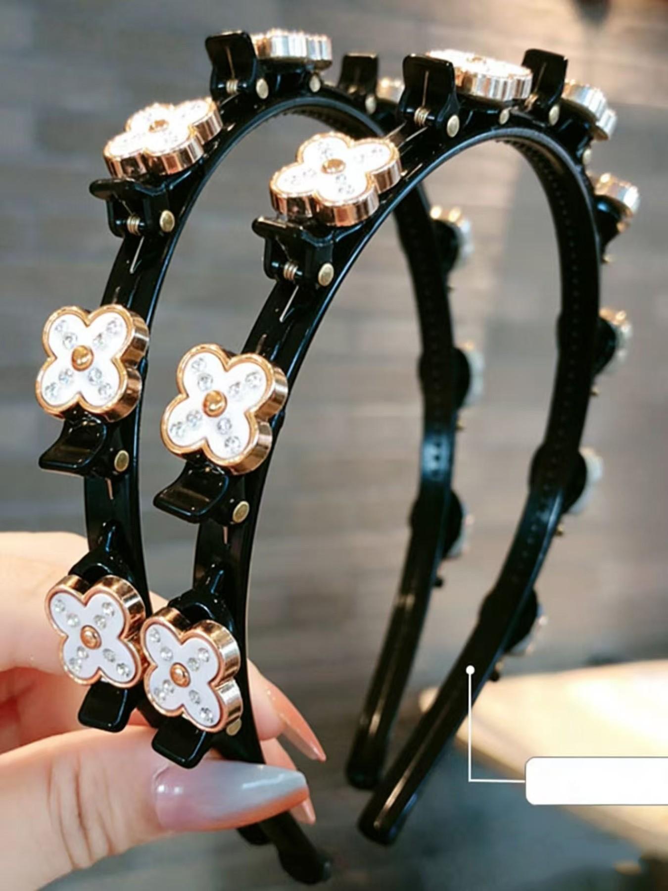 2pcs Women Floral Hair Accessories Set, Four Leaf Clover Casual Geometric Design Headbands & Clips, Perfect for Weddings Parties Daily Wear