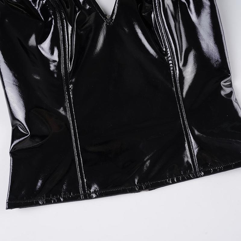 Street Fashion V Neck Fitted PU Leather Backless Top, Casual Sleeveless Cropped, Sexy Halter Short Nightclub Party Style Women's Sleeveless Vest