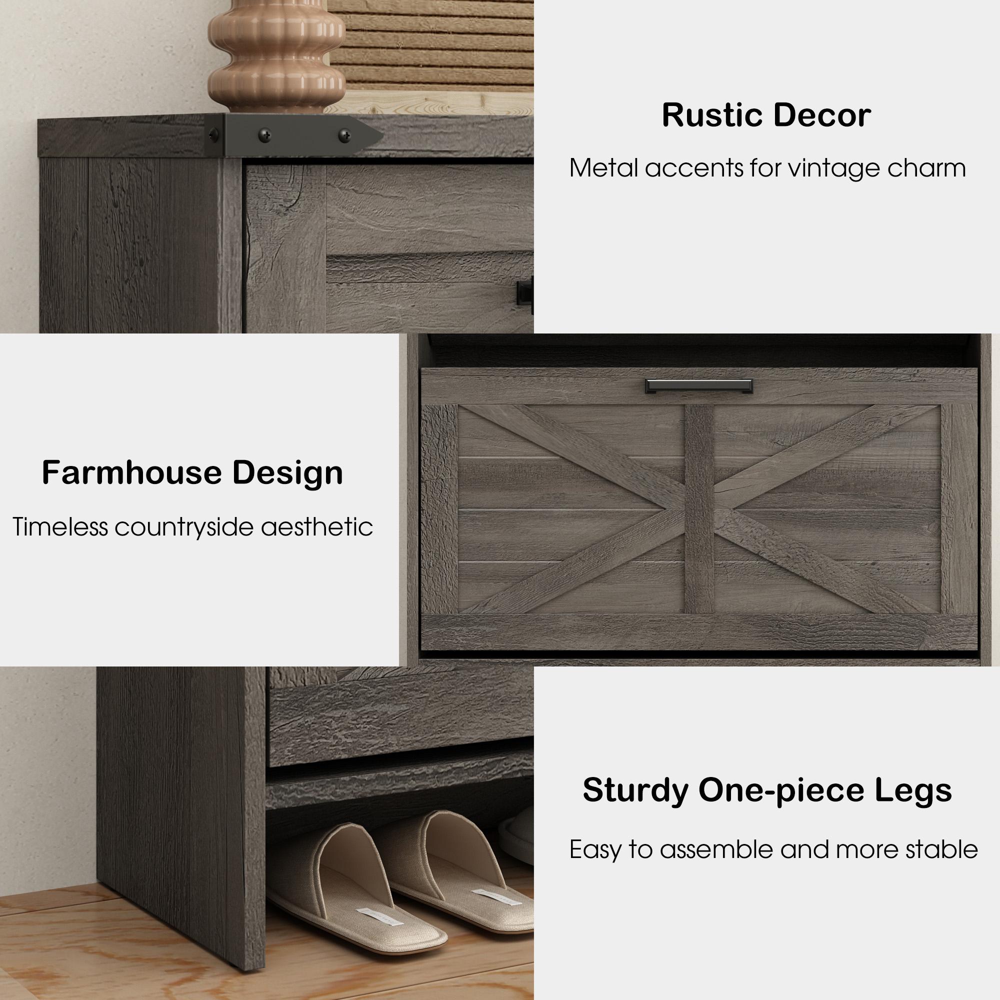 Farmhouse Shoe Storage Cabinet with 2 Hidden Flip Drawers & 2 Drawers – Narrow Freestanding Shoe Rack Organizer with Adjustable Shelves for Entryway Farmhouse Shoe Storage Cabinet with 2 Hidden Flip Drawers & 2 Drawers – Narrow Freestanding Shoe Rack Organizer with Adjustable Shelves for Entryway