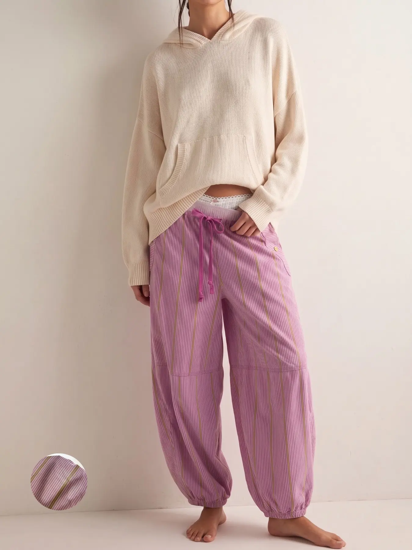 Striped Wide Leg Pants, bottom, pumpkin pants,Millennial Style Loose Fit Adjustable Drawstring Waist, Vintage Beach Vacation Casual Streetwear for Women, All Seasons