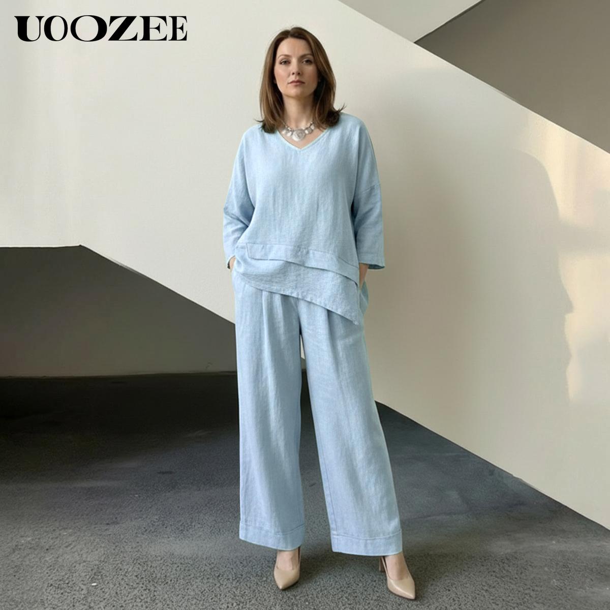 UOOZEE Women's Spring Summer Trend Look Loose Elastic Waistband with Pockets Wide Leg Pants & Oversized V-Neck Top Two-Piece Set, Spring Summer Casual/Work/Weekend Co-Ord for Women