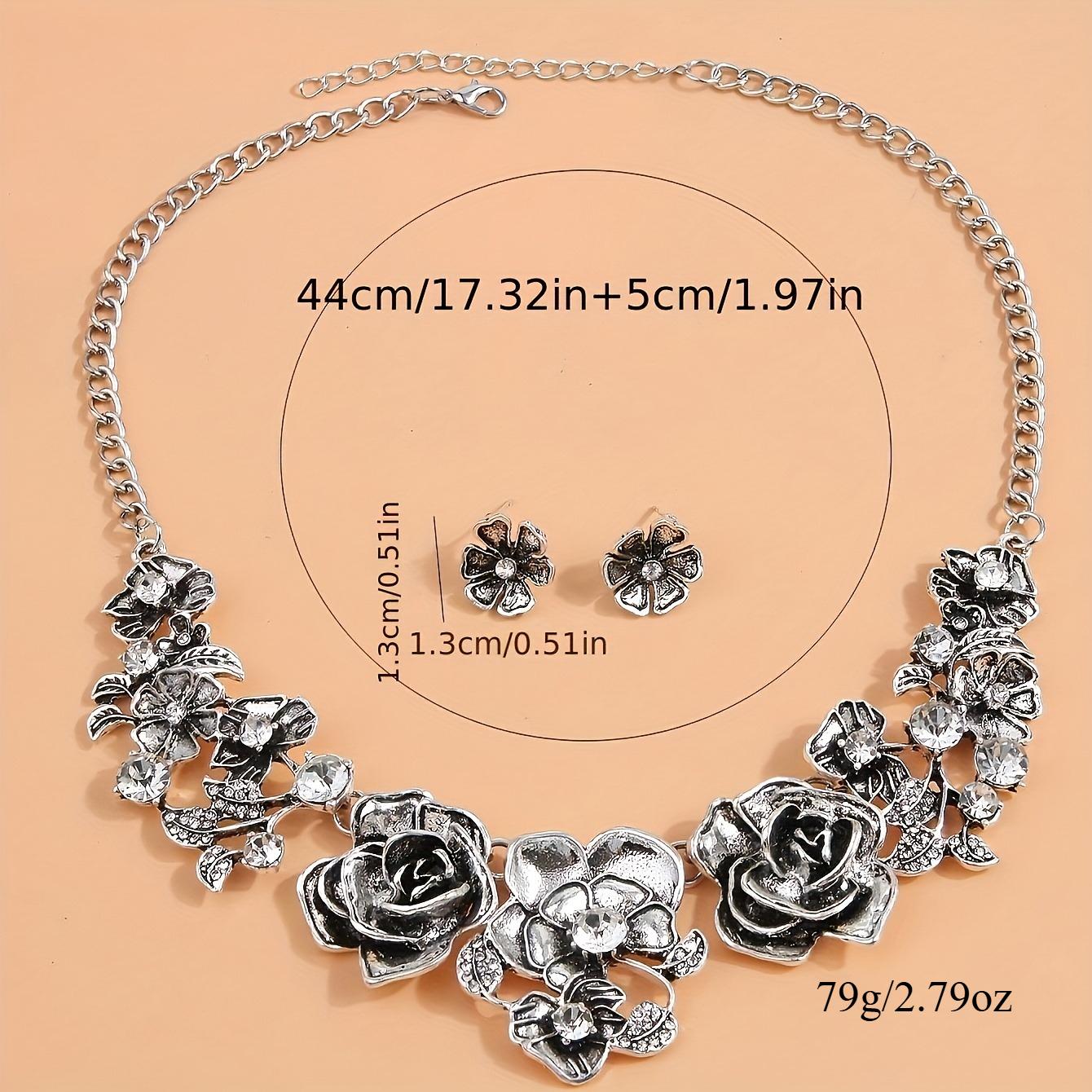 Vintage Rose Flower Jewelry Set for Women, Boho Antique Alloy Statement Necklace and Stud Earrings with Adjustable Chain, Boho Fashion, Female Wear, Heavy Flower Motif, Party Ready, Set Includes 3 Pcs, Flora, Heavy Duty, Layered Flowers