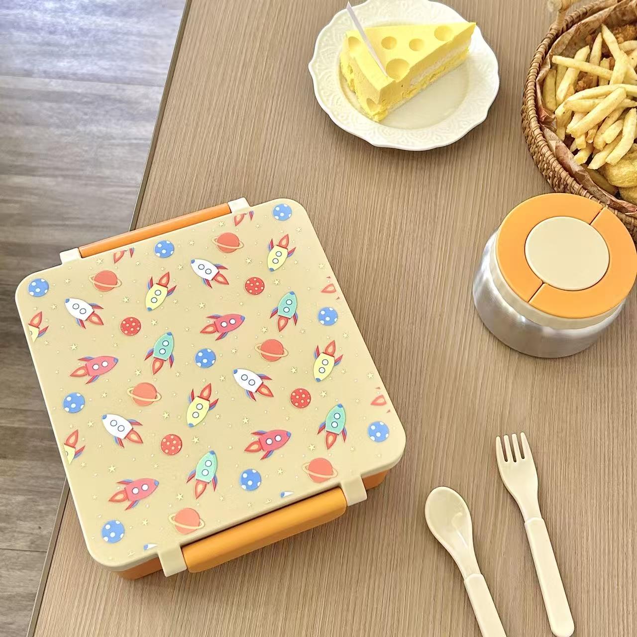 Bento Lunch Box Set for Kids🍗🥦🍓🍰🍲 with 9.5 oz Soup Thermo, Leak-Proof Lunch Containers with 4 Compartment, Kids Thermo Hot Food Jar ，BPA Free ， Utensils for Girl Boy School, Microwave Dishwasher Safe