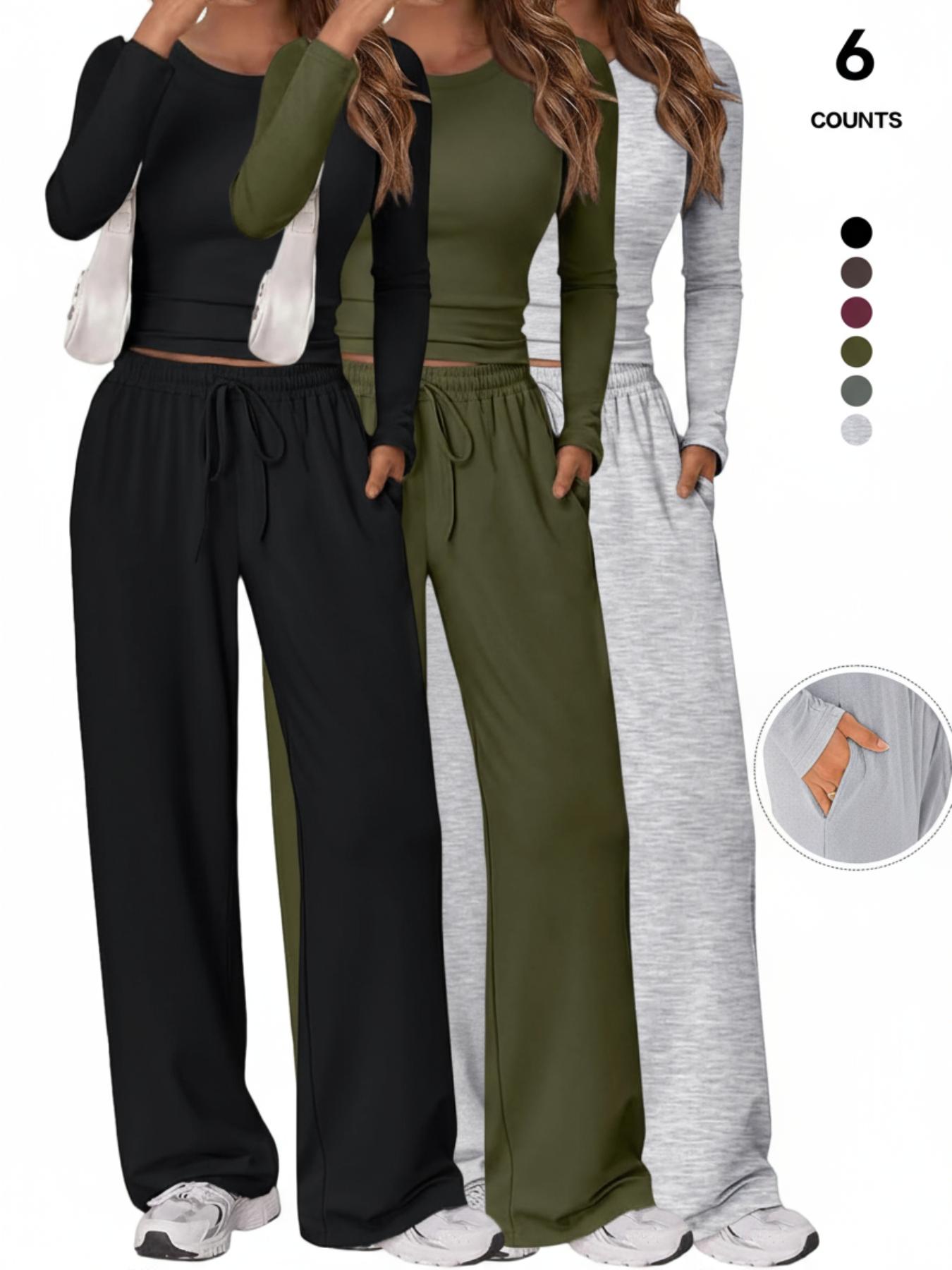 2026 Women's 2 Piece Matching Loungewear Set, Long Sleeve Slightly Crop Top & Wide Leg Drawstring Pants, Casual Sweatsuit for Comfortable Wear