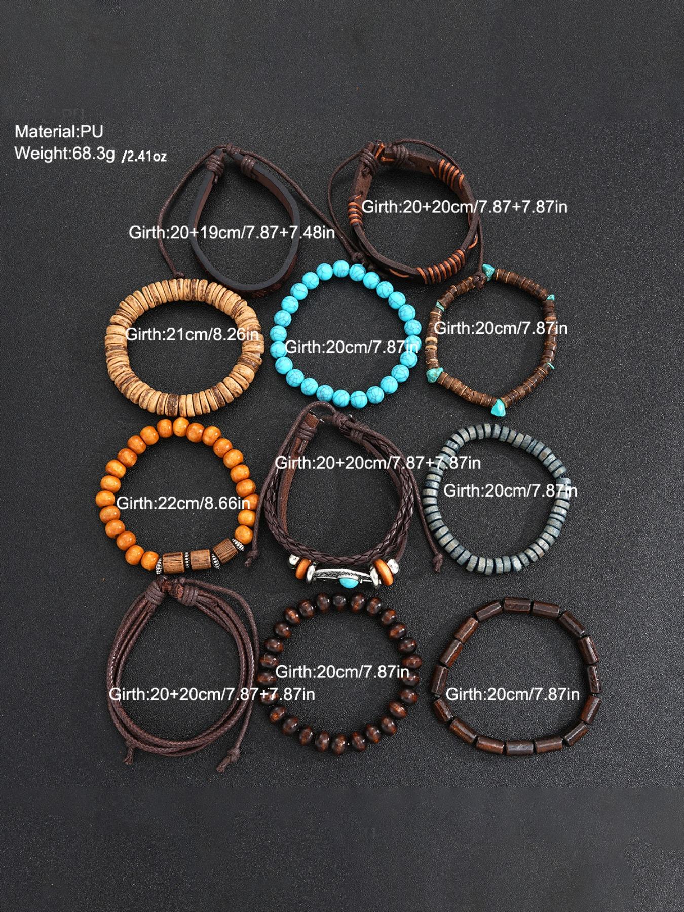 Men's Vintage Casual Bohemian Style Beaded Bracelet Set, Fashion Turquoise Beaded PU Leather Bracelet Set, Stylish Gift for Boys Daily Wear, High Quality Bracelet