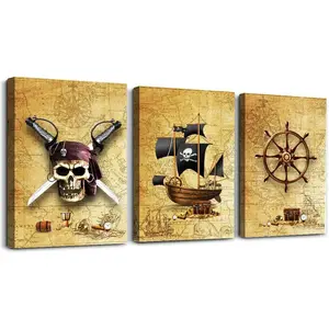 Pirate ship and rudders Canvas Wall Art for Living Room Bedroom Decoration wall painting,Bathroom Wall Decor Home Decoration kitchen posters artwork,Adventure map decoration 16x12 inch/ 3 piece set