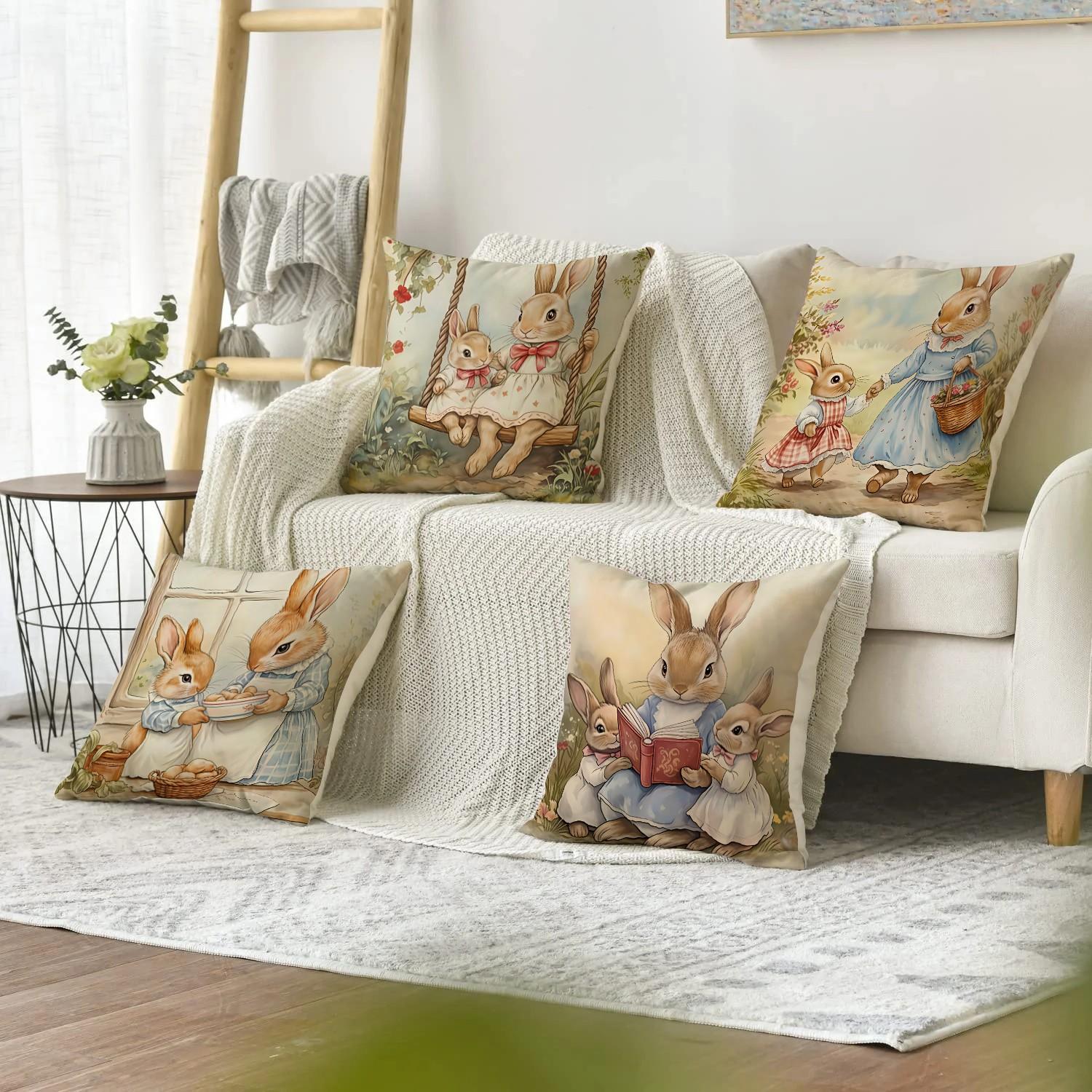 4pcs Easter Cute Rabbit Pillow Cover, Retro Style Cartoon Rabbit Easter Spring/Summer Season Decorative Cushion Cover, 18x18 inch Pillowcase, Farmhouse Holiday Decorative Pillow Cover, Suitable for Living Room, Sofa, Office, Outdoor (No Pillow Core)