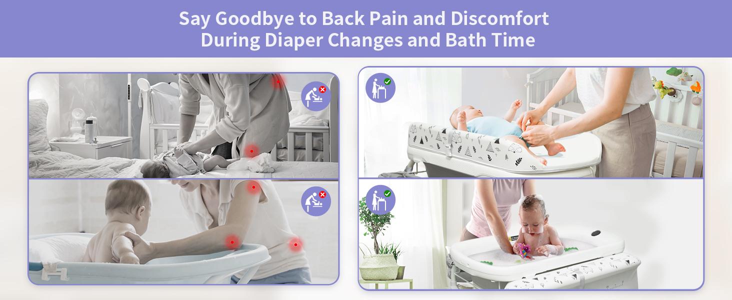 2 In 1 Safety Collapsible Baby Bathtub With Changing Table,Waterproof Diaper Changing Station Portable Travel Cute Care Baby Tub,Adjustable Height Nursery Organizer With Storage Racks For Newborn Infant Toddler Mom