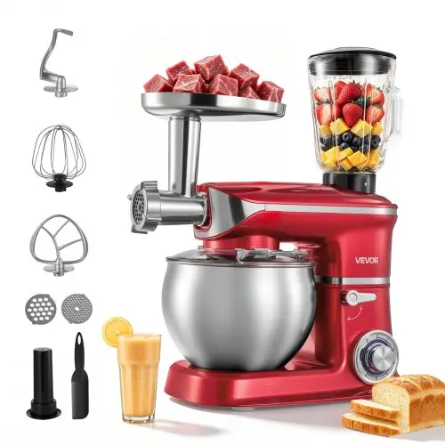 VEVOR 3-in-1 Tilt Head Multi-Speed Stand Mixer - 400W Power, 6.3 Qt Stainless Steel Bowl, Food Processing Attachments (Meat Grinder, Blender, Dough Hook, Whisk, Beater) - Kitchen Gadget for Kitchen Countertop, Tool Upgrade